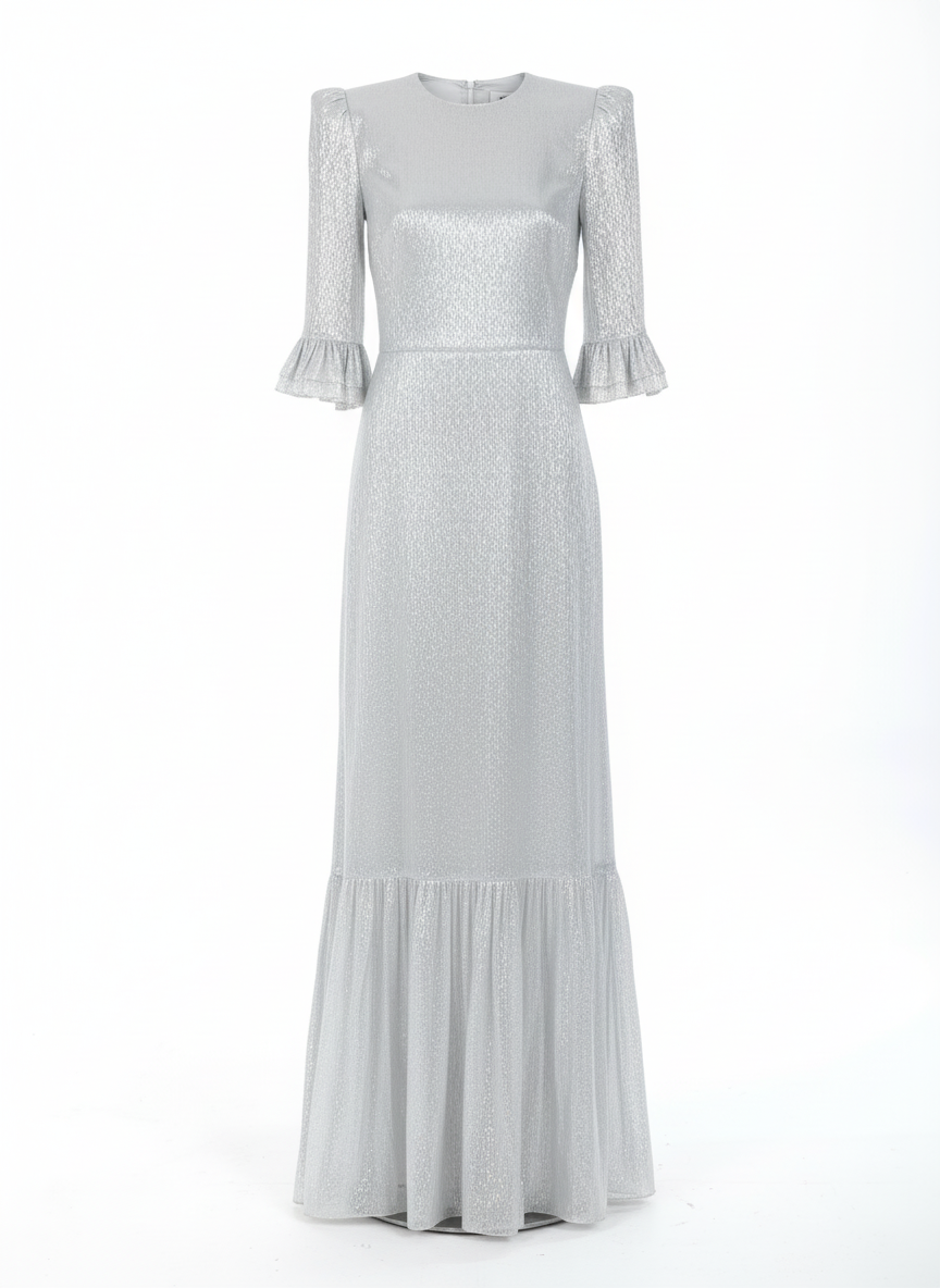 The Vampire’s Wife silver lamé gown with structured shoulders and tiered ruffles designer evening dress