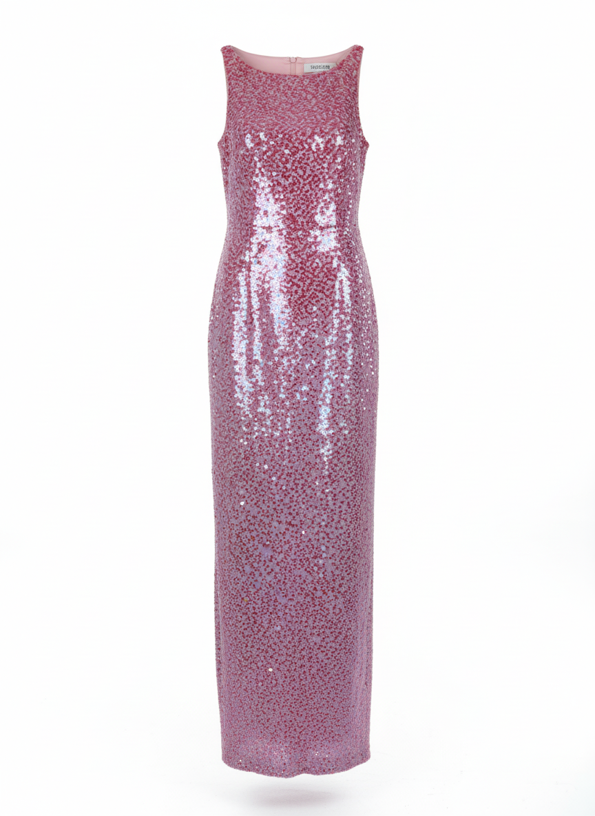 Tina Brader vintage pink sequin sleeveless column gown — vintage designer rental and resale at Mezzanotte Madrid