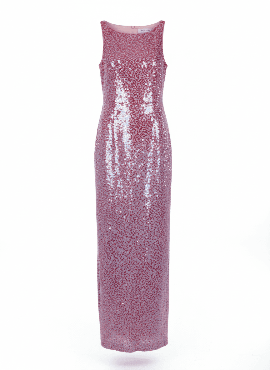 Tina Brader vintage pink sequin sleeveless column gown — vintage designer rental and resale at Mezzanotte Madrid