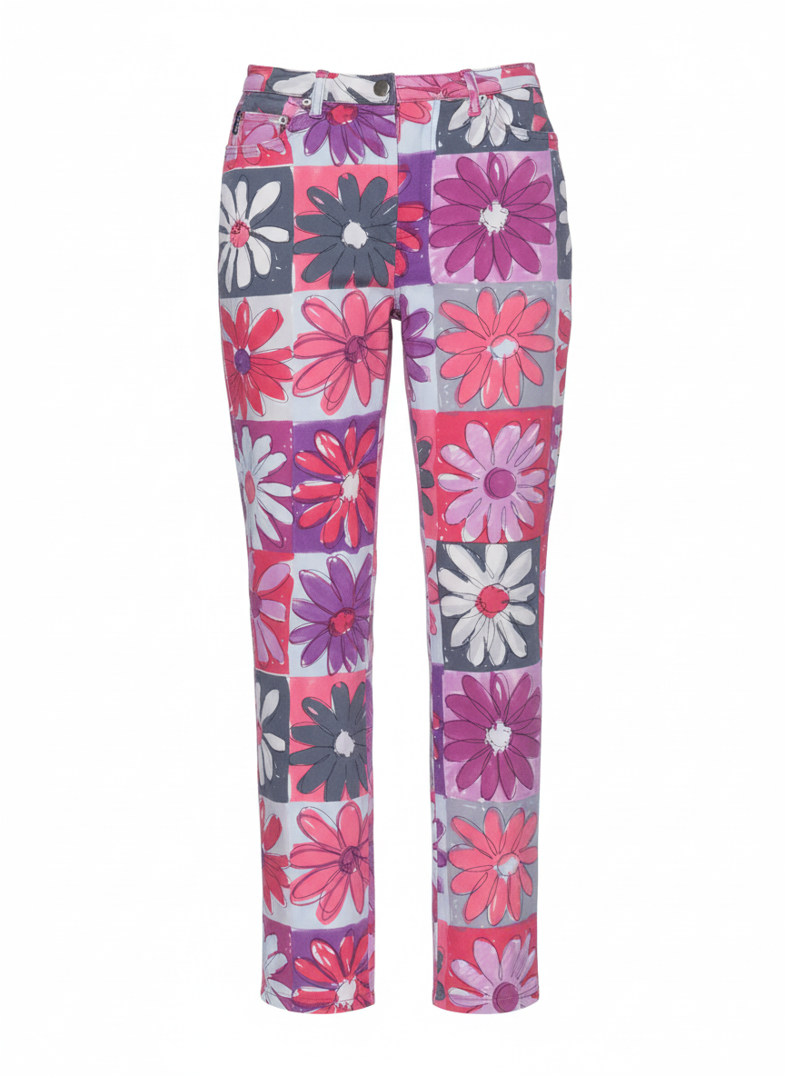 Moschino 1990s multicolor floral print trousers with straight‑leg silhouette — designer resale Mezzanotte Madrid