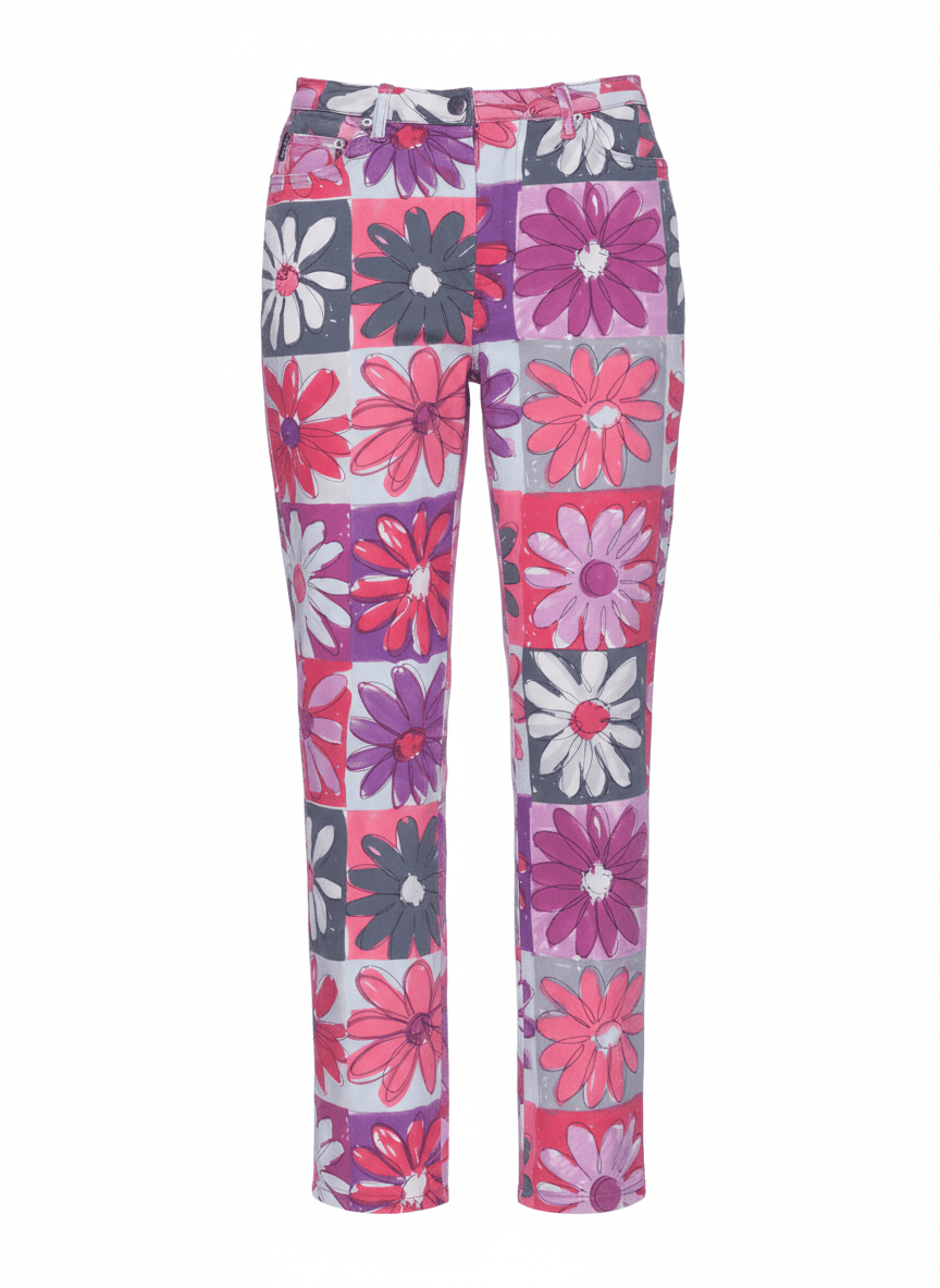 Moschino 1990s multicolor floral print trousers with straight‑leg silhouette — designer resale Mezzanotte Madrid