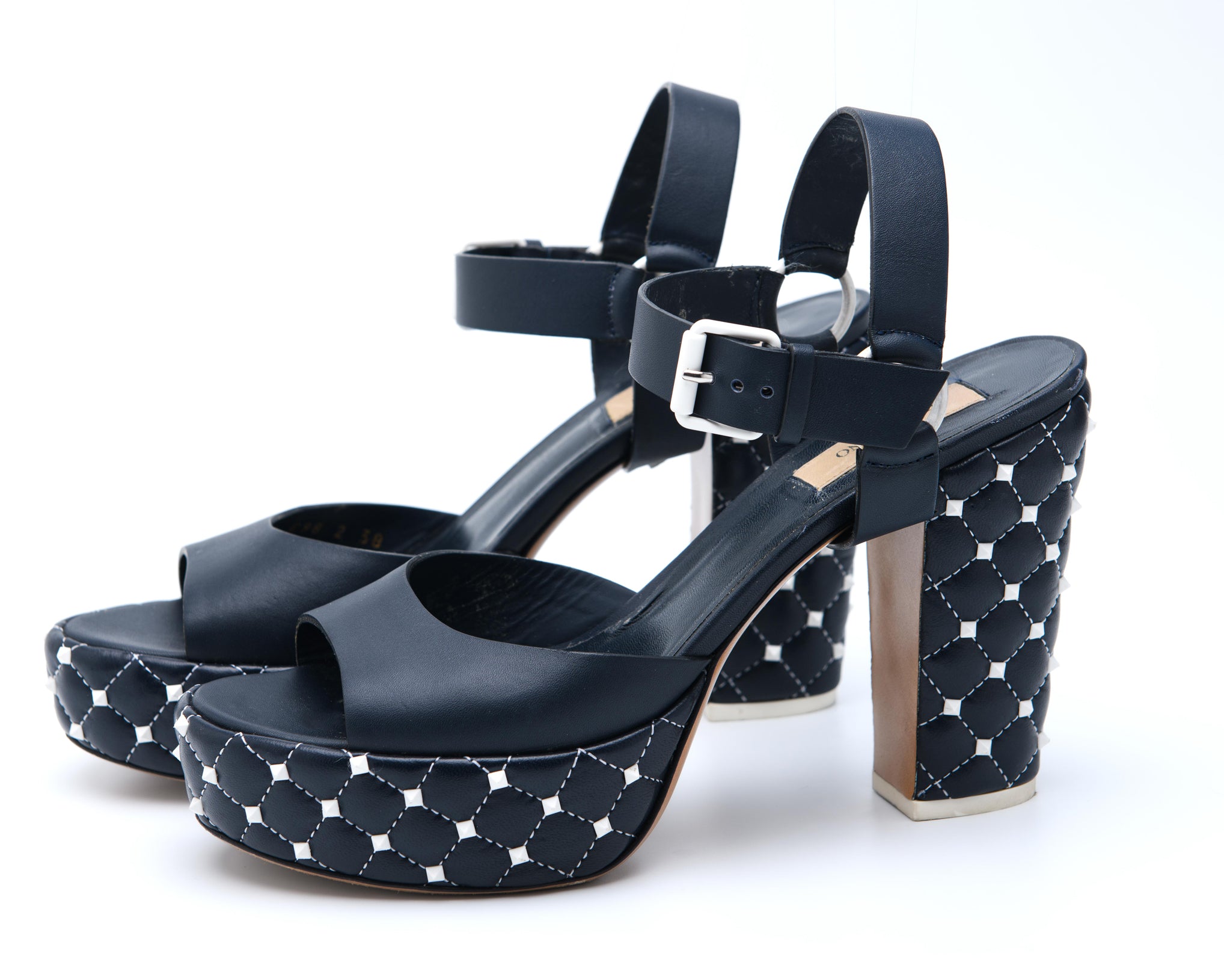 Valentino Roman Stud platform heels with geometric quilting — designer resale Mezzanotte Madrid