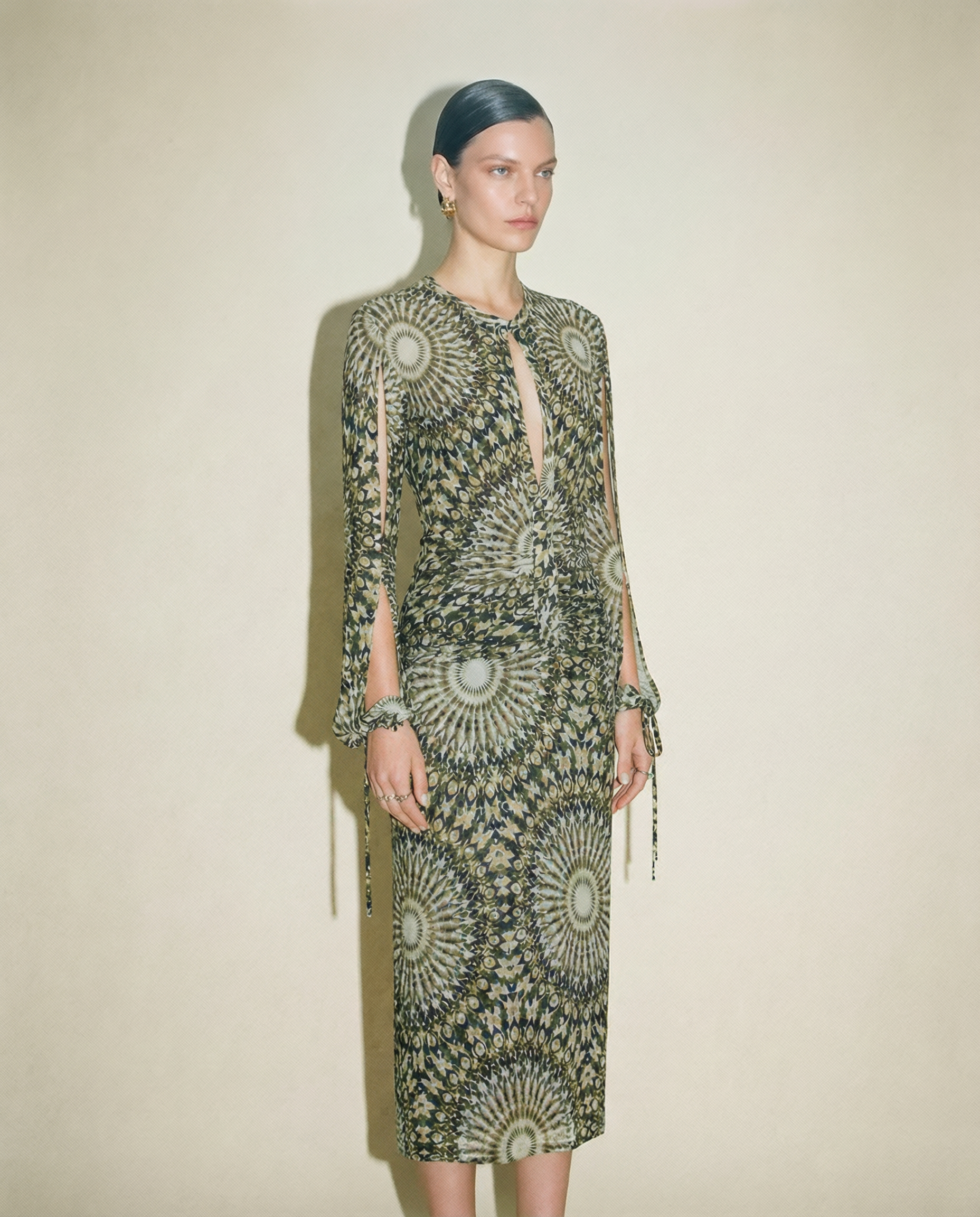 Valentino runway style dress with geometric print vintage luxury rental platform Madrid