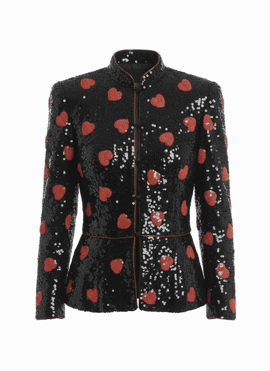 Vintage Azzaro blazer with black paillette sequins and red heart pattern statement jacket