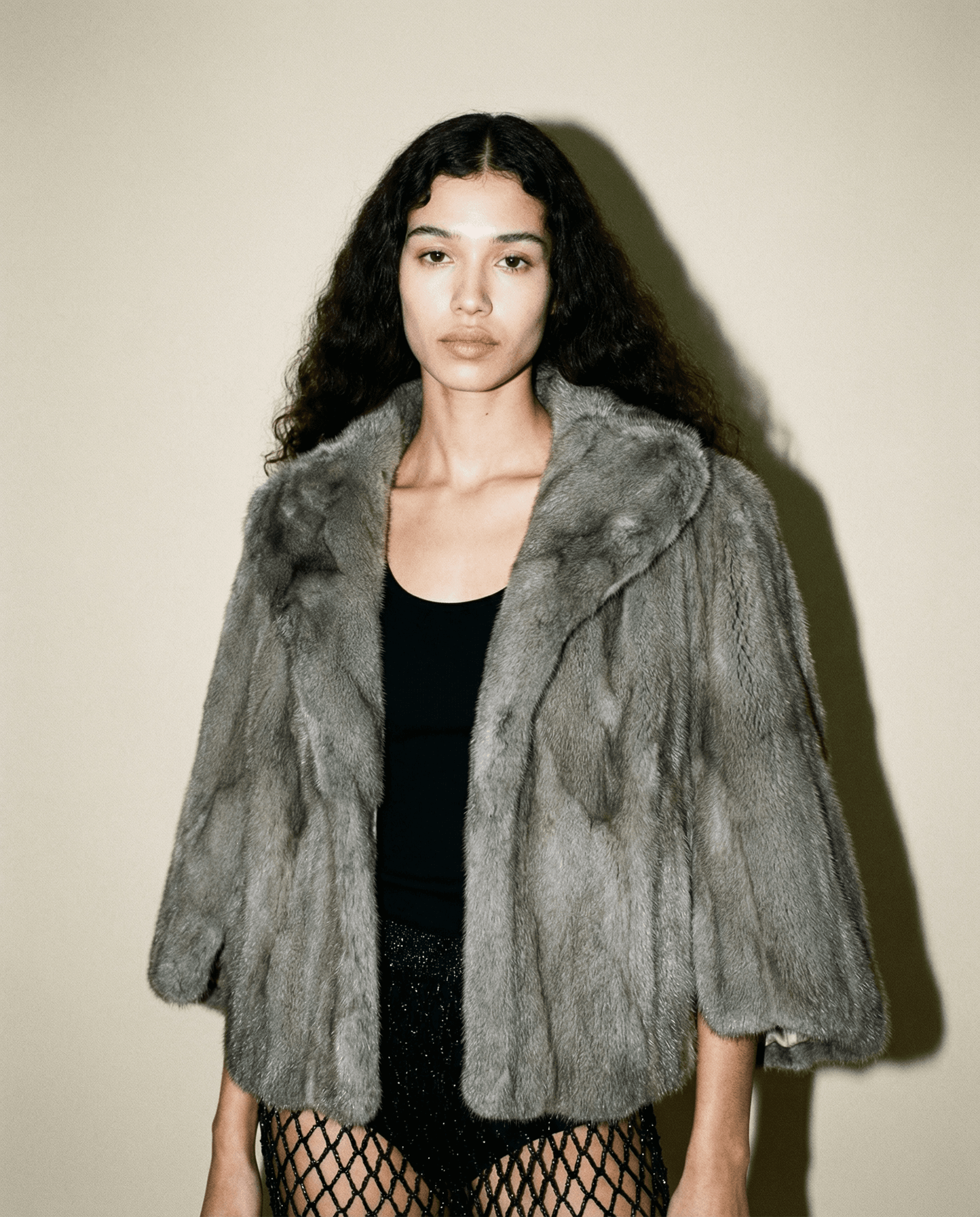 Vintage mink fur bolero jacket in taupe with shawl collar and cropped silhouette Mezzanotte Madrid