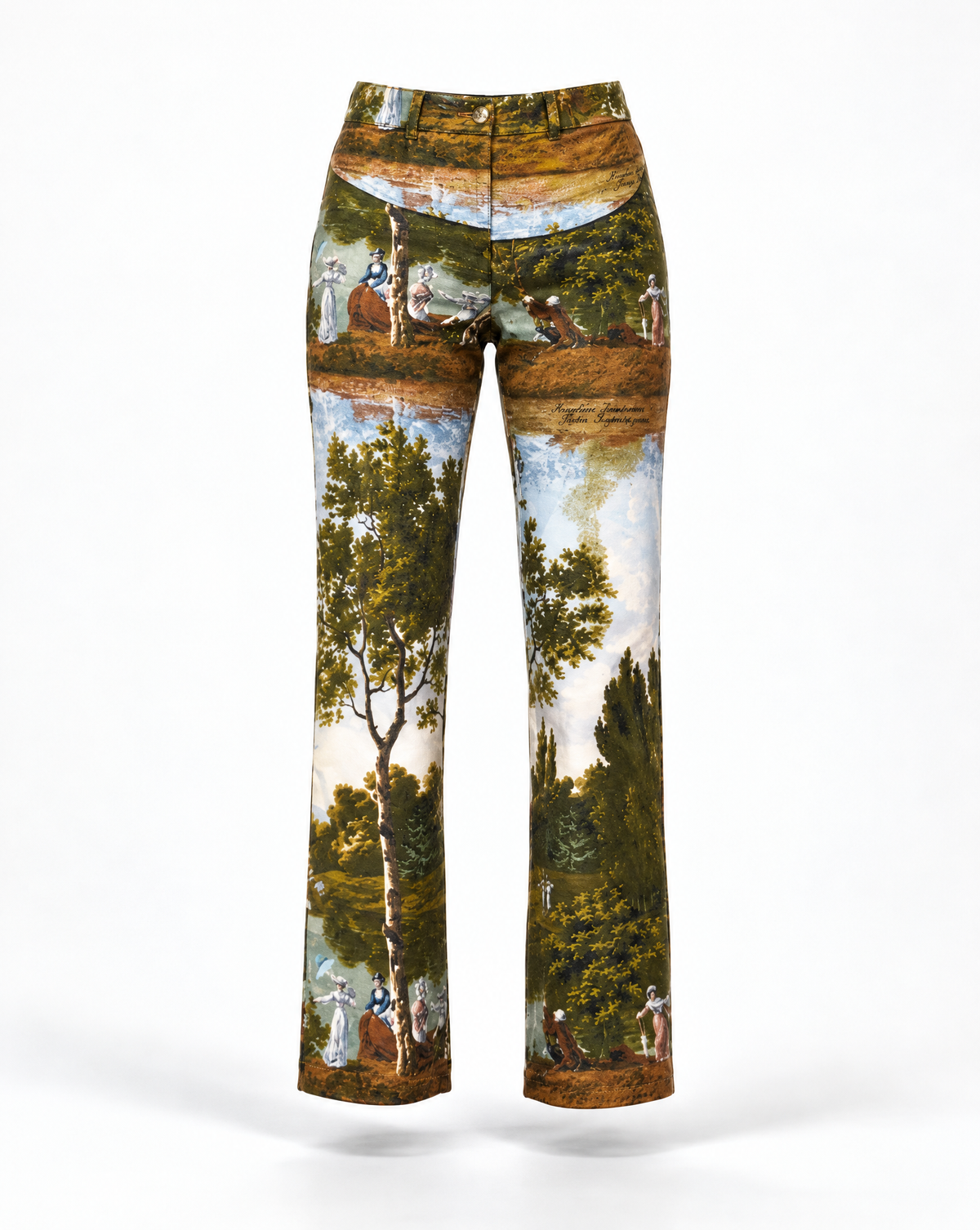 Matching Moschino trousers with a continuous trompe-l’œil landscape print in green, blue, white and brown. Shop these archival Y2K designer trousers at Mezzanotte Vintage.