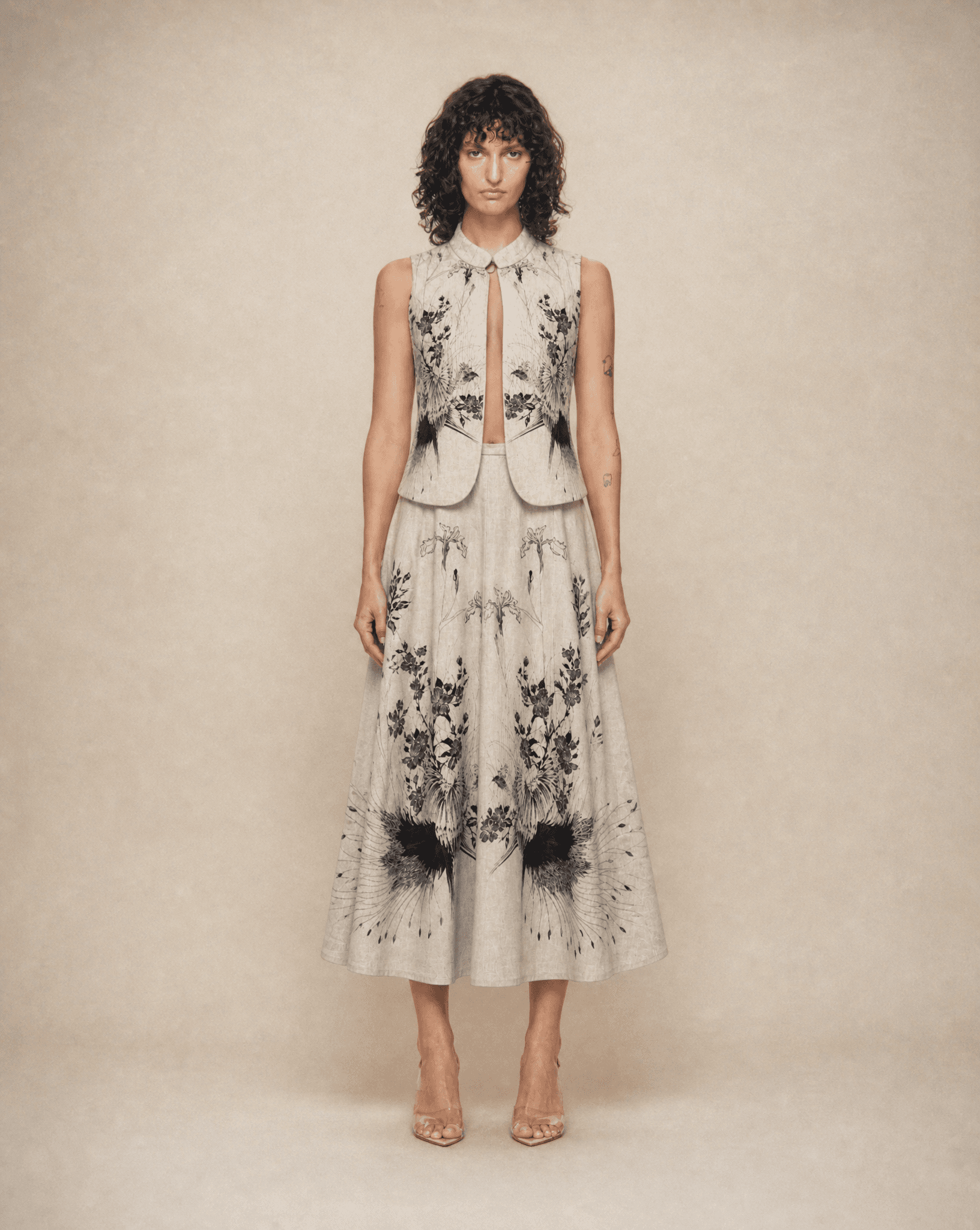 Archival 1970s Roberto Cavalli floral suede set, available at Mezzanotte Madrid.