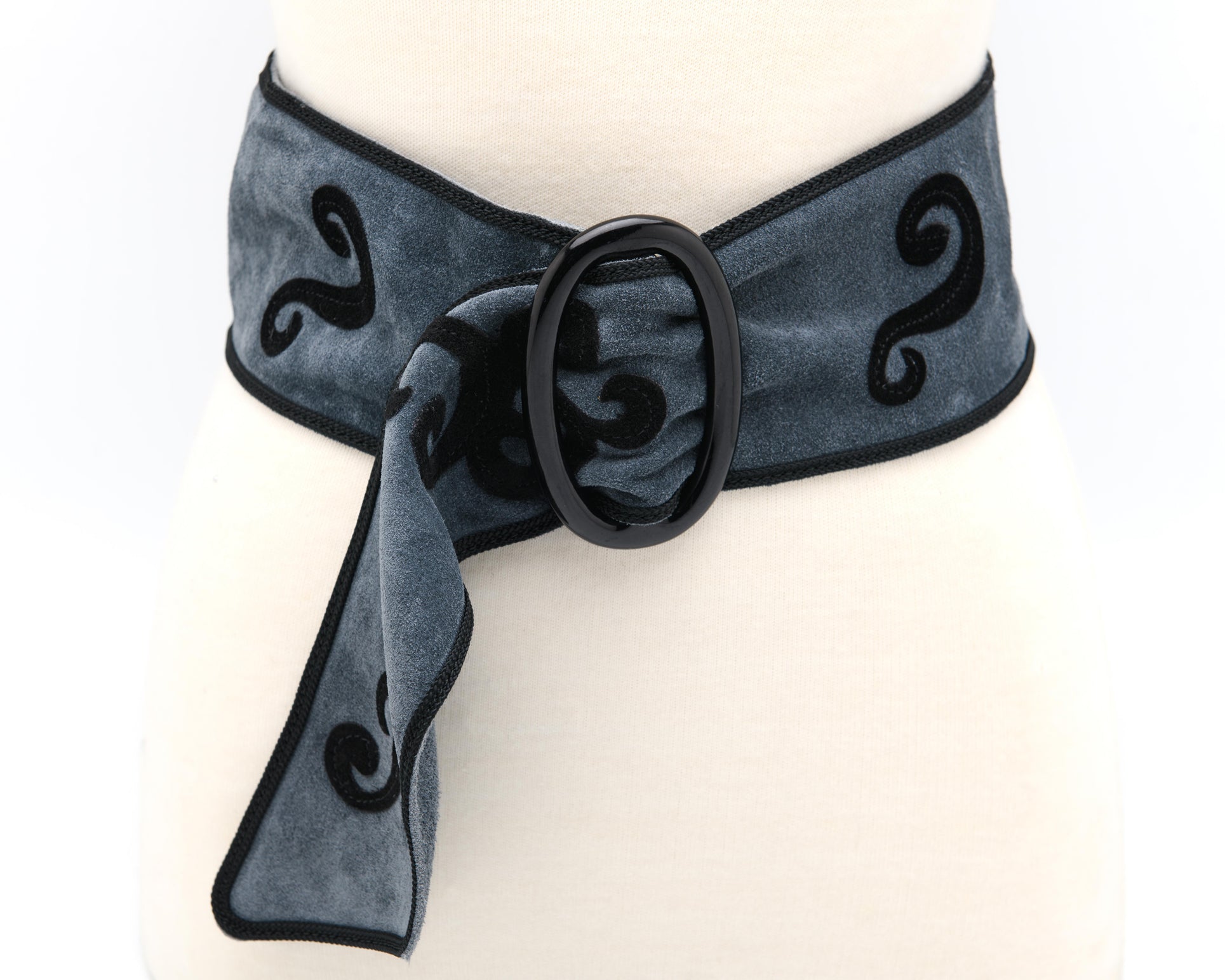 Wide velvet waist belt with tonal pattern and sculptural resin buckle 1990s accessory