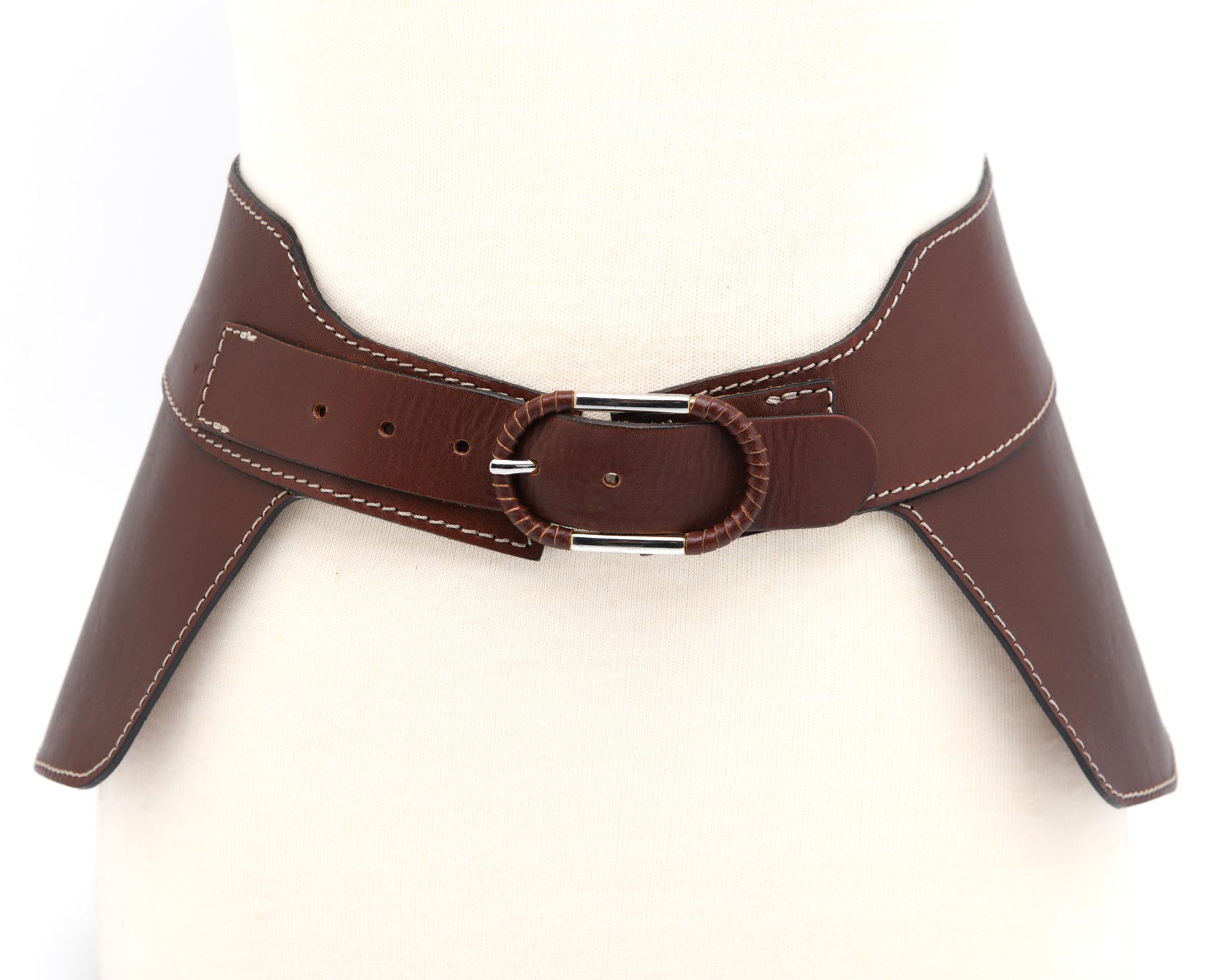 Vintage mid 2000s brown leather waist belt with wide structured silhouette and contrast stitching | luxury vintage Madrid