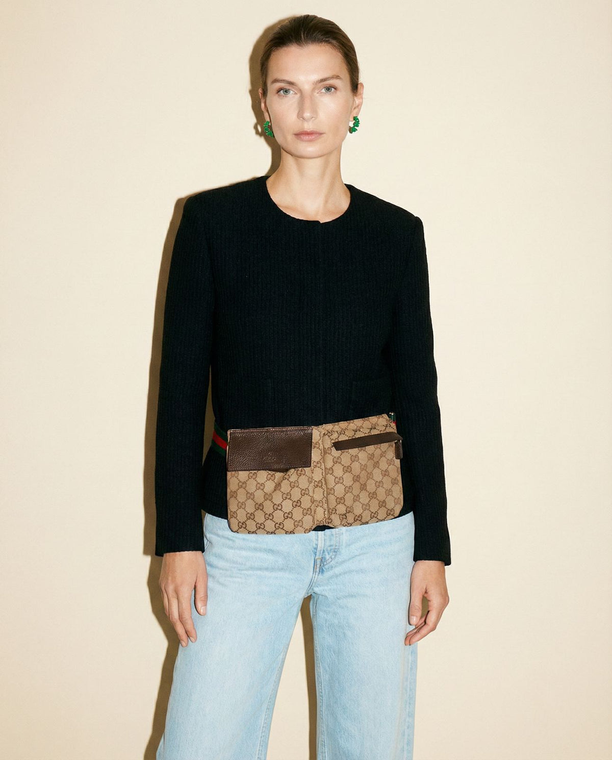 Vintage Gucci GG canvas double pocket belt bag with Web stripe strap