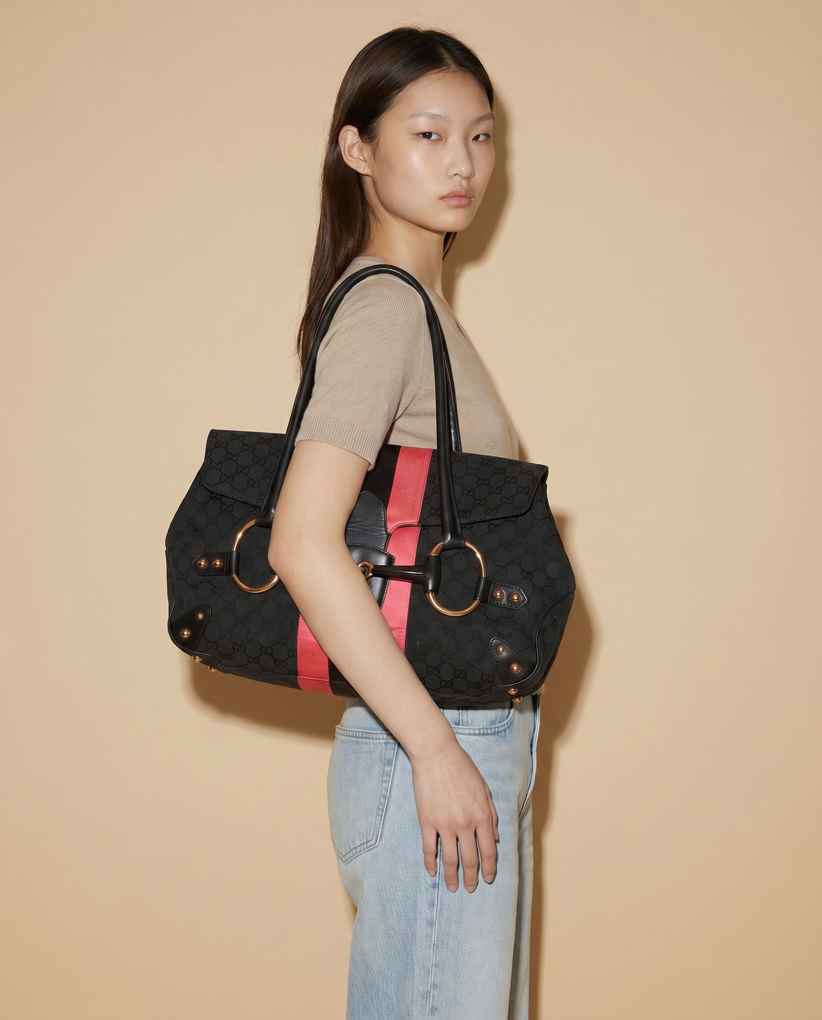 Gucci GG canvas Horse-bit tote with pink satin stripe and gold hardware