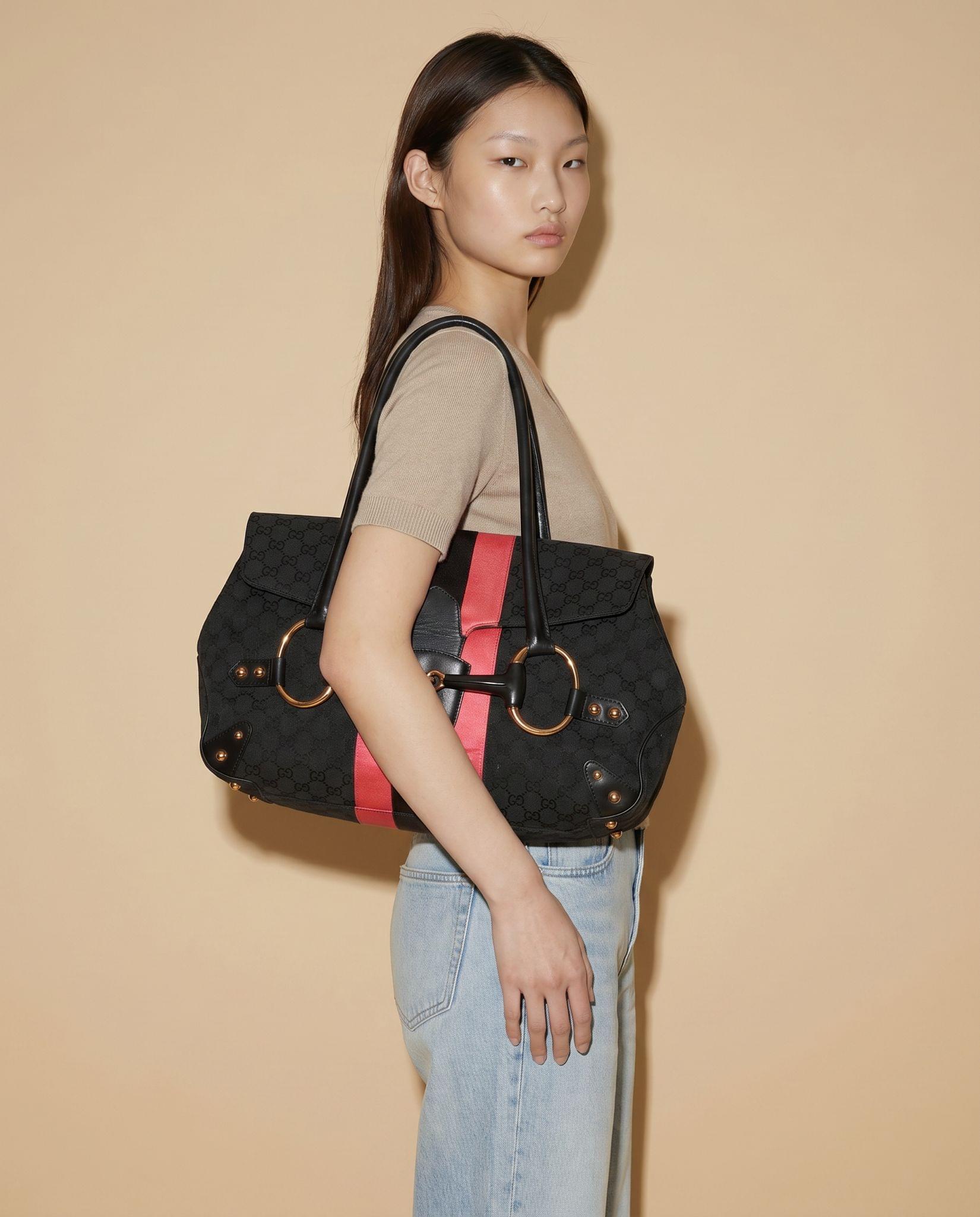 Gucci GG canvas Horse-bit tote with pink satin stripe and gold hardware
