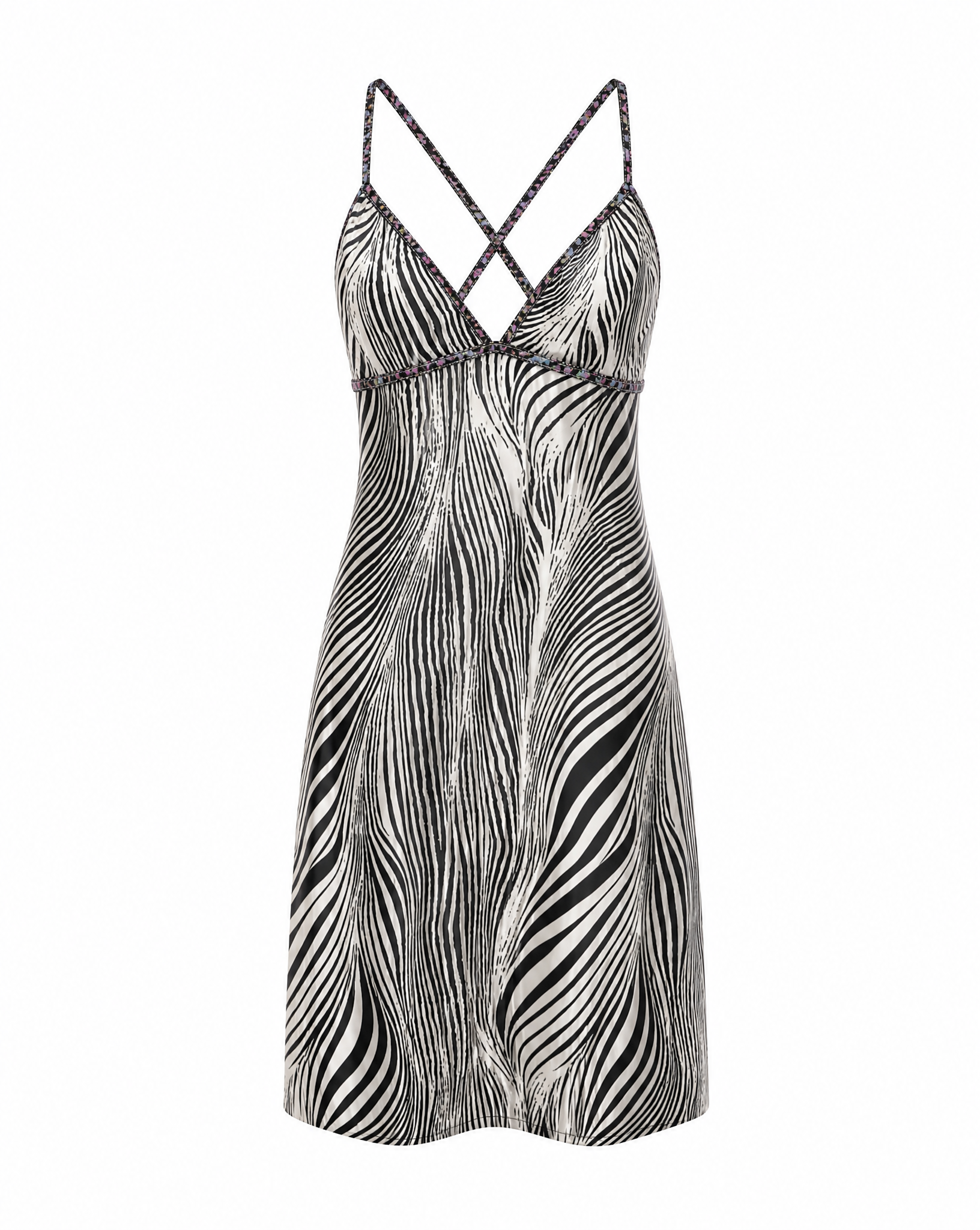 Detail view of the zebra print and neckline detailing on archival 2000s Blumarine slip dress curated by Mezzanotte.