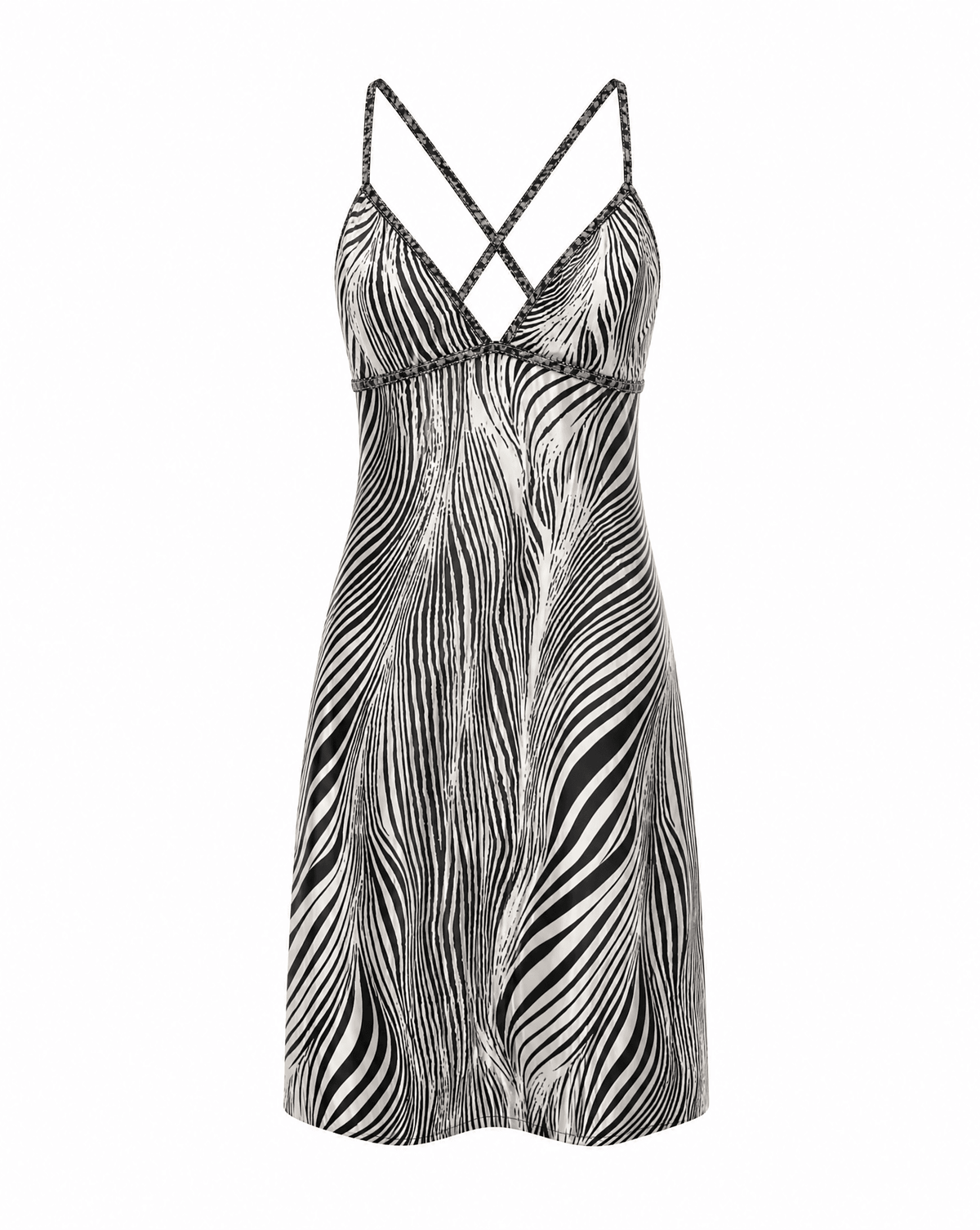 Detail view of the zebra print and neckline detailing on archival 2000s Blumarine slip dress curated by Mezzanotte.