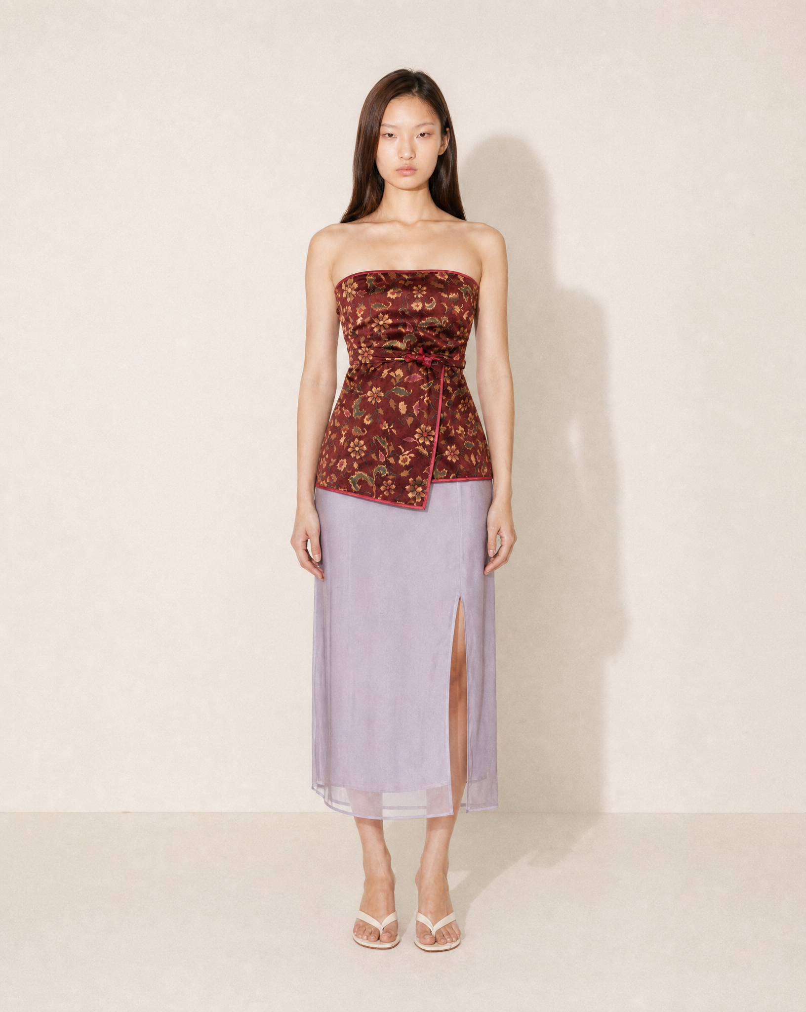 Archival Kenzo Jungle floral strapless wrap top by Kenzo Takada in burgundy botanical print available at Mezzanotte Madrid.