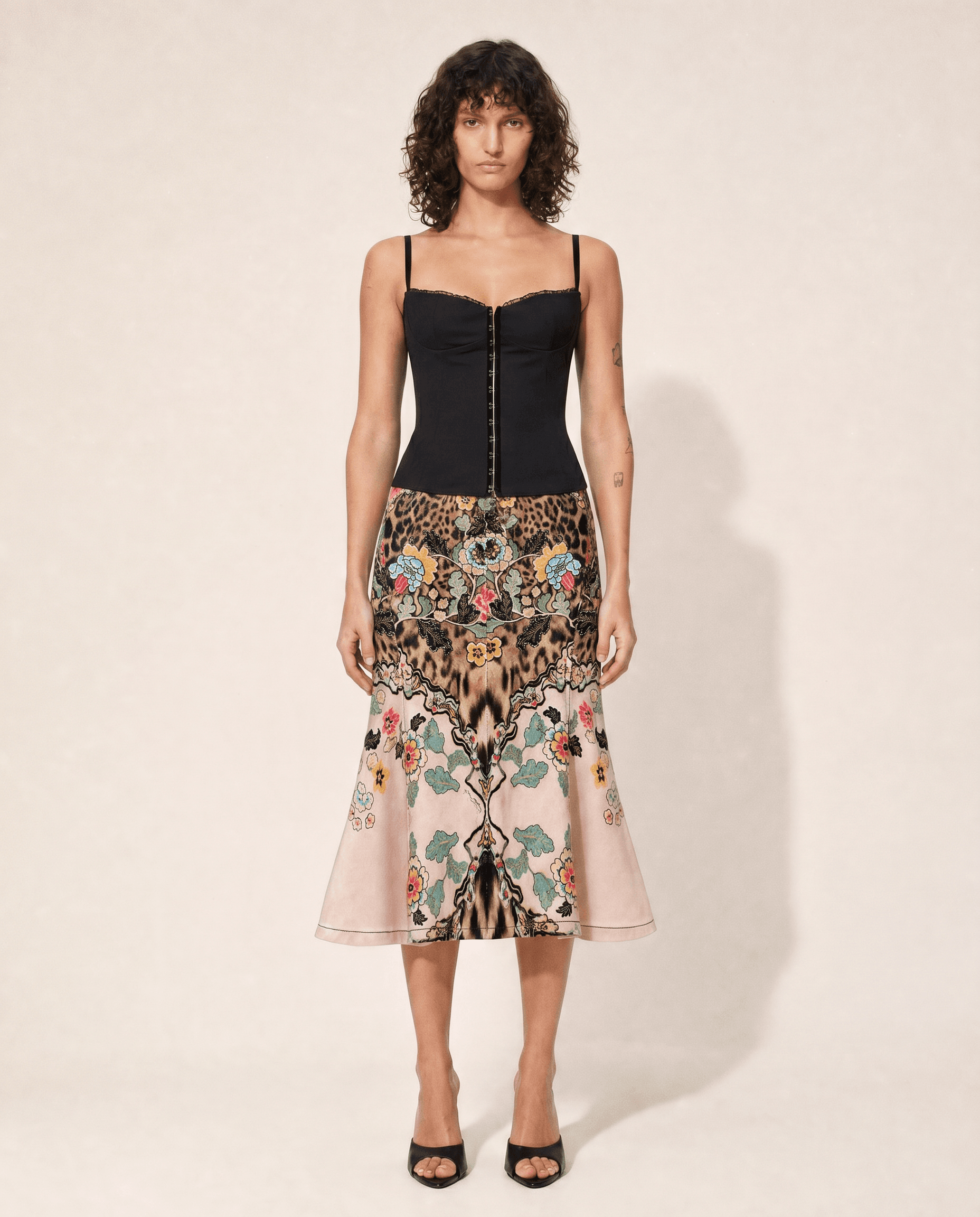 Rare archival S/S 2003 Roberto Cavalli Chinoiserie and leopard print skirt, available at Mezzanotte Madrid.