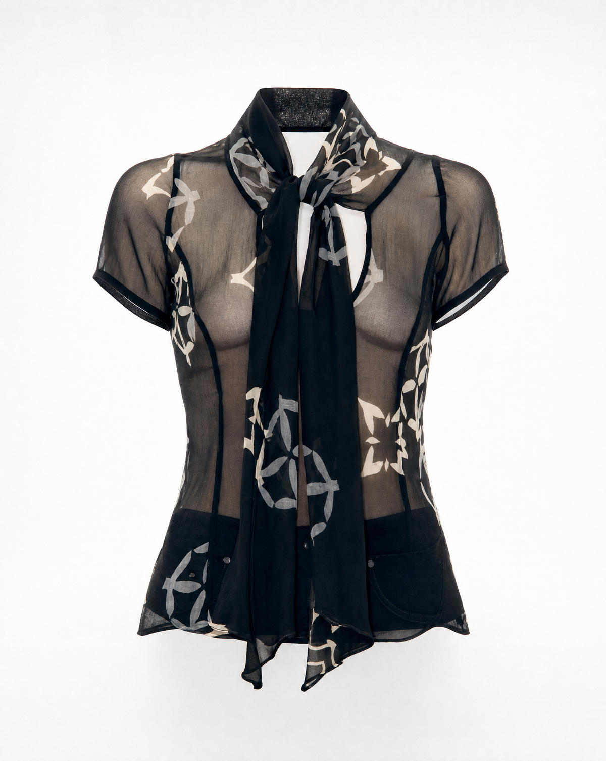 Early-2000s Armani Collezioni black chiffon blouse with scarf neckline. Rent in Madrid at Mezzanotte.