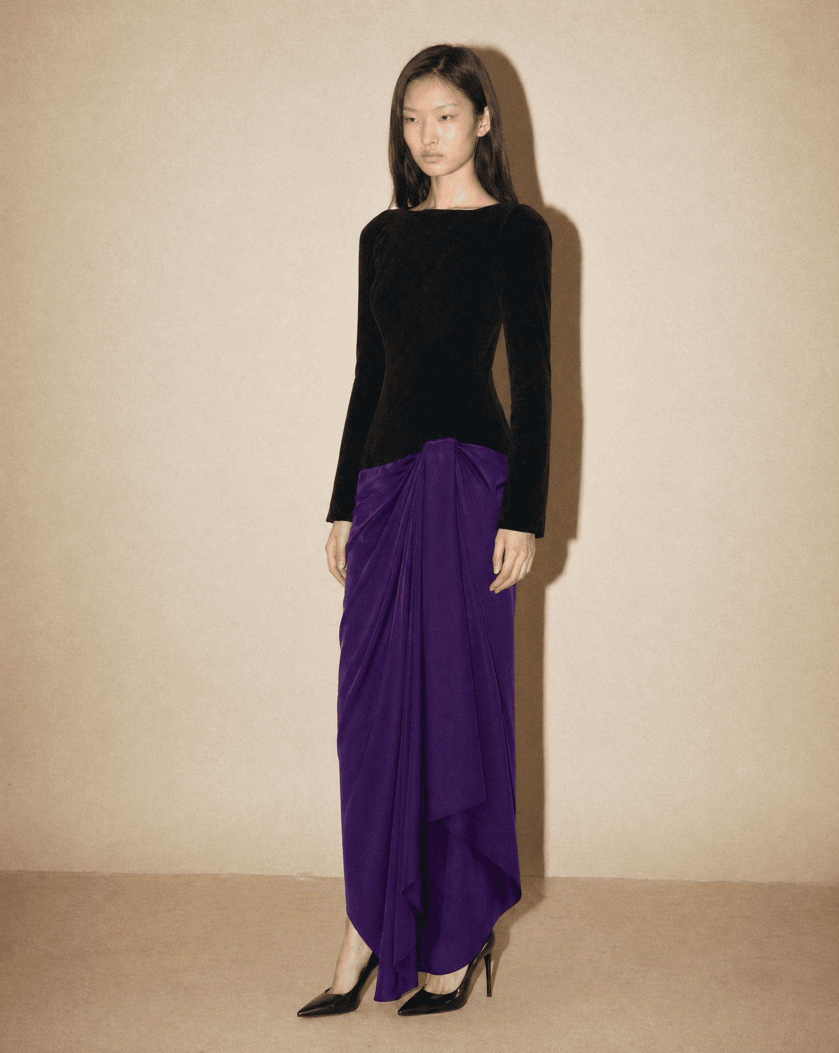 Christian Dior by John Galliano black and purple draped silk evening gown available for purchase and luxury rental across Europe from Mezzanotte.