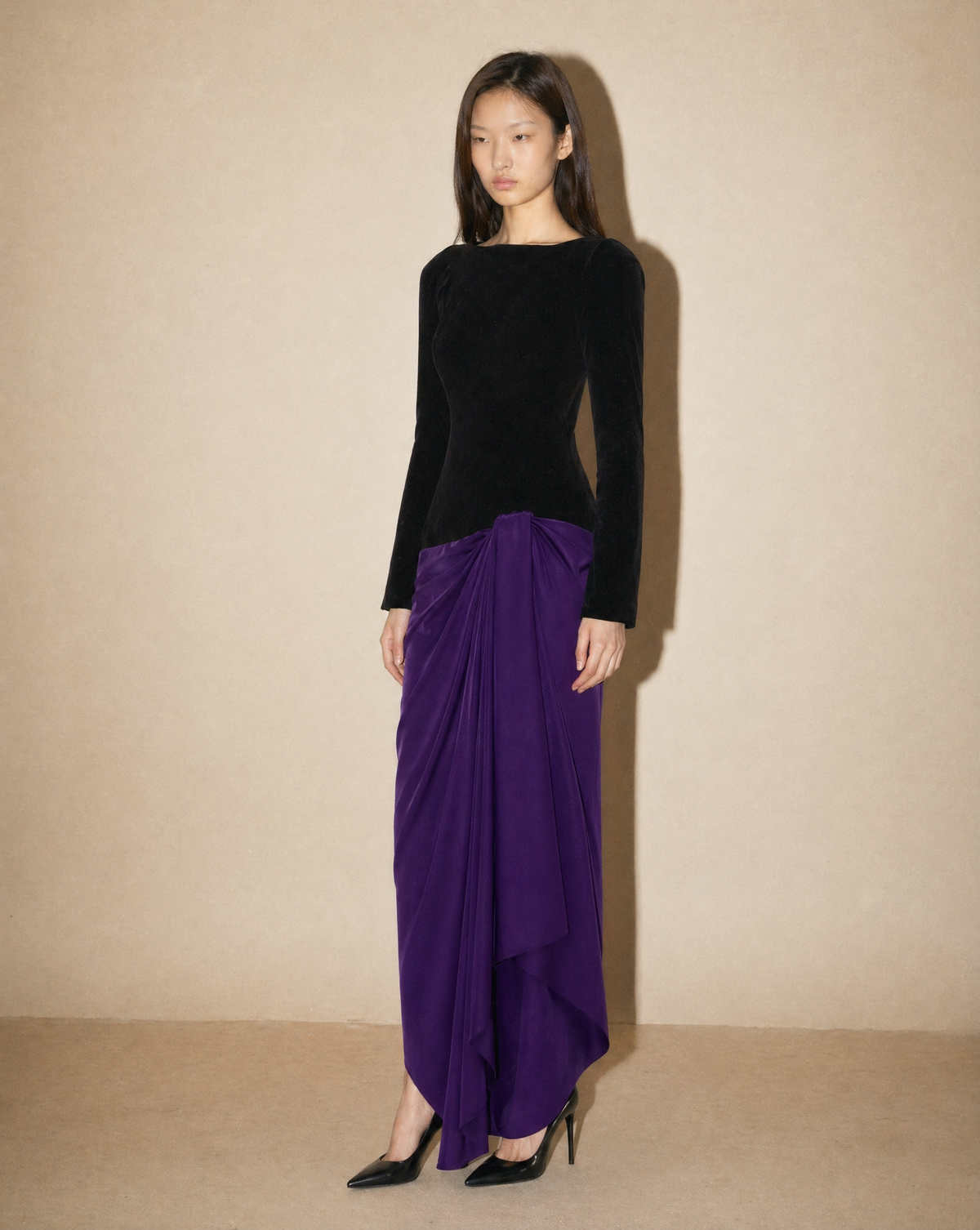 Christian Dior by John Galliano black and purple draped silk evening gown available for purchase and luxury rental across Europe from Mezzanotte.