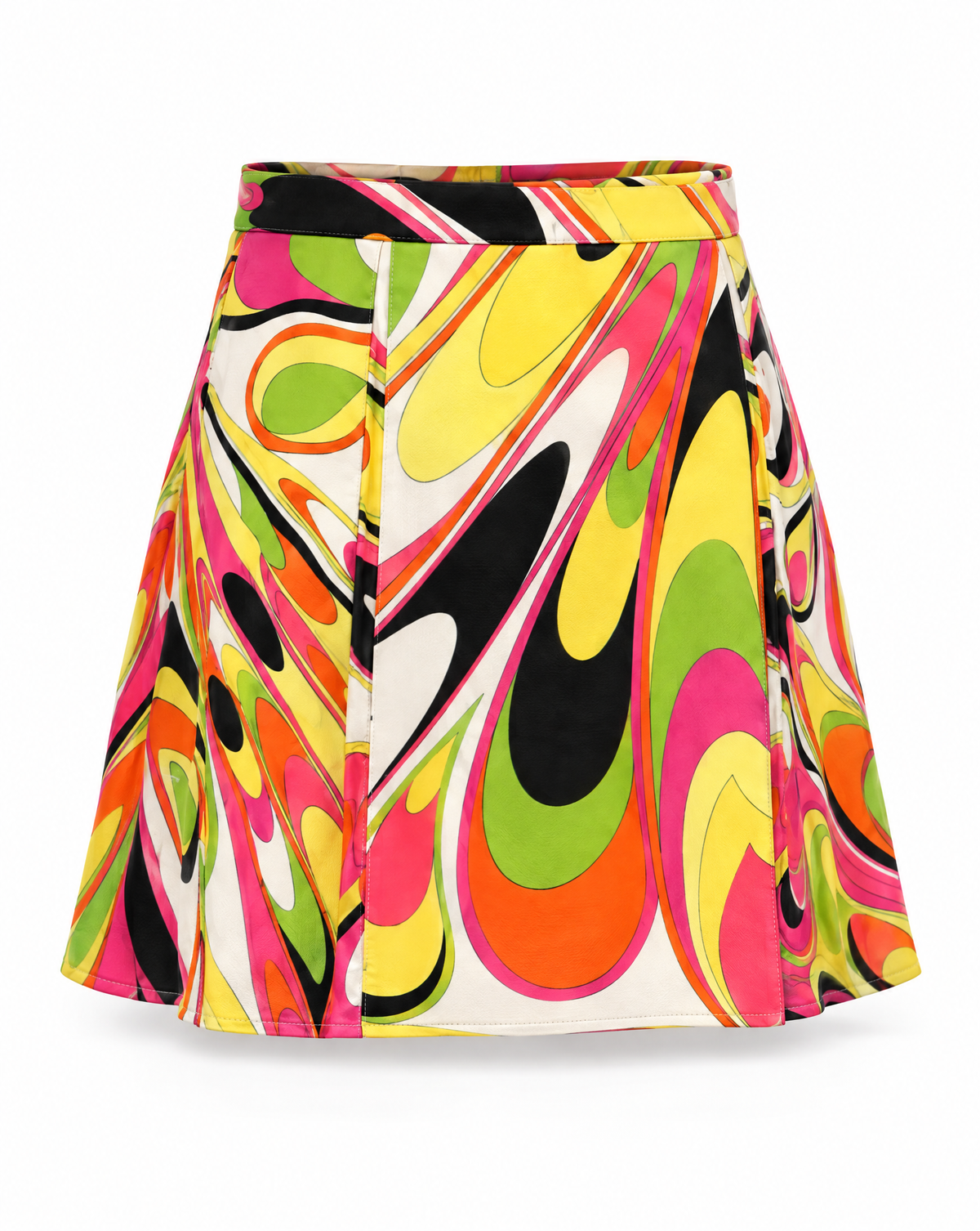 Vintage 1990s Emilio Pucci mini skirt styled with its matching scarf. Shop archival Pucci fashion at Mezzanotte Vintage in Madrid, with pieces available to buy or enquire about renting.