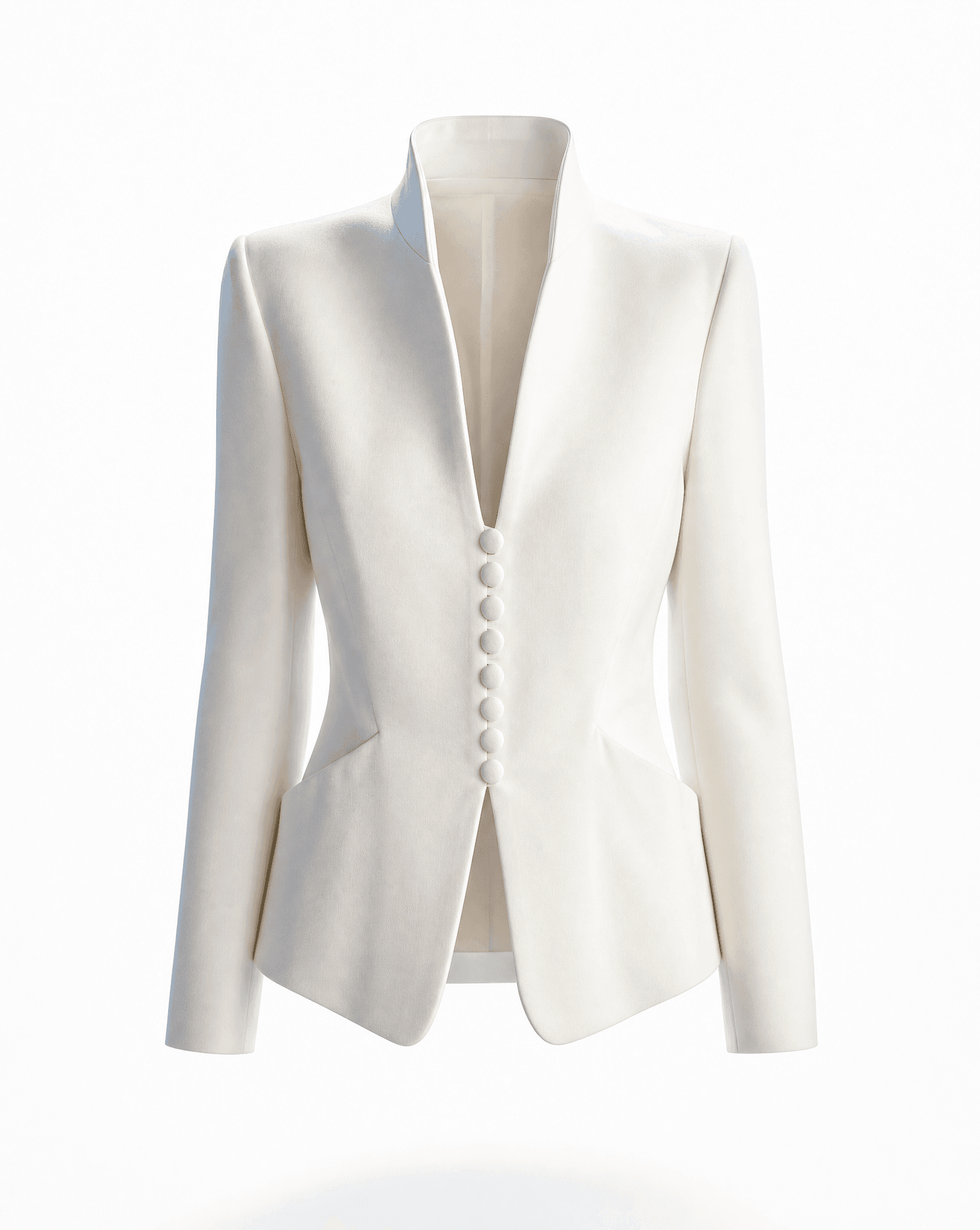 Close-up of the fabric-covered buttons and sculptural stand collar on a vintage Giorgio Armani blazer.