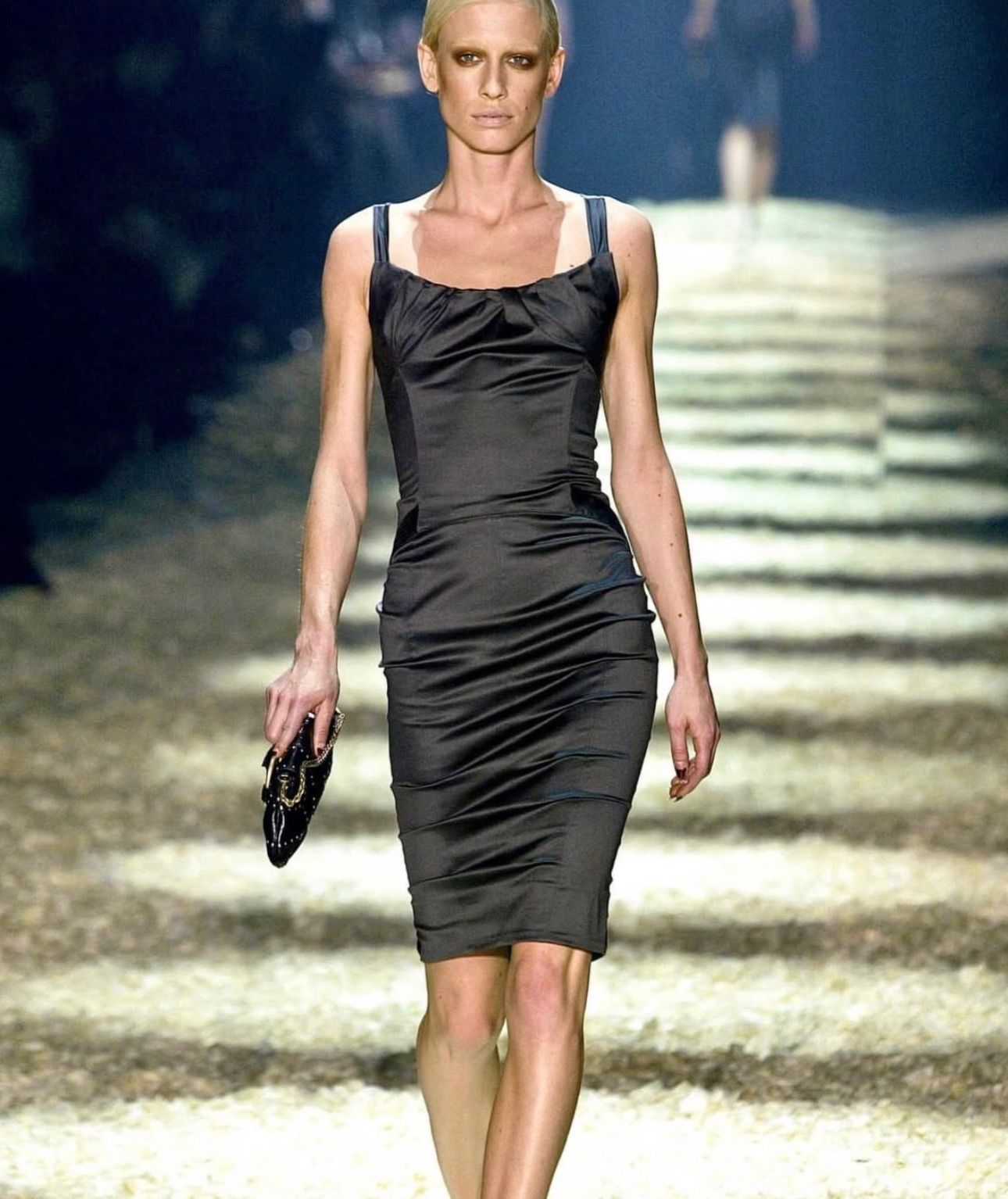 Detail of the softly draped square neckline and satin construction on the Runway Gucci by Tom Ford F/W 2003 dress.