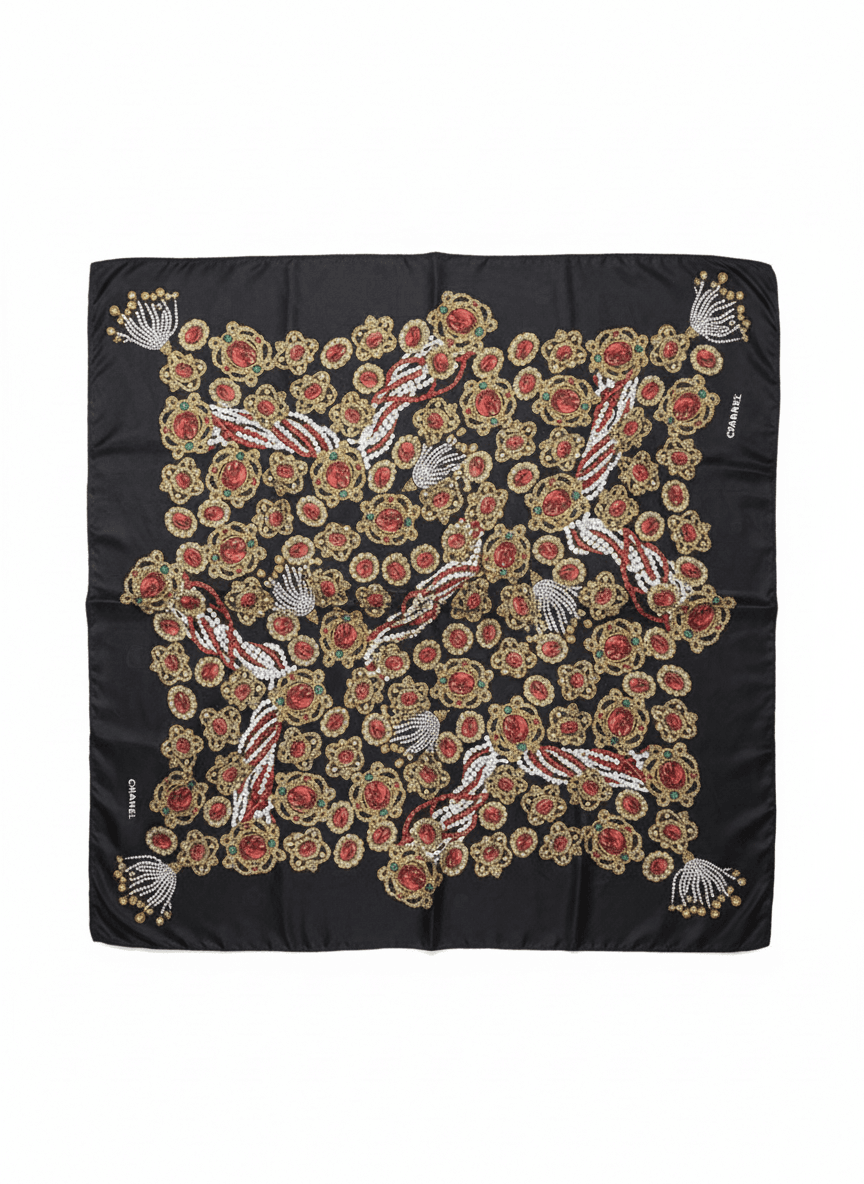 Vintage Chanel silk scarf with Gripoix jewelry print in gold, red and pearl tones