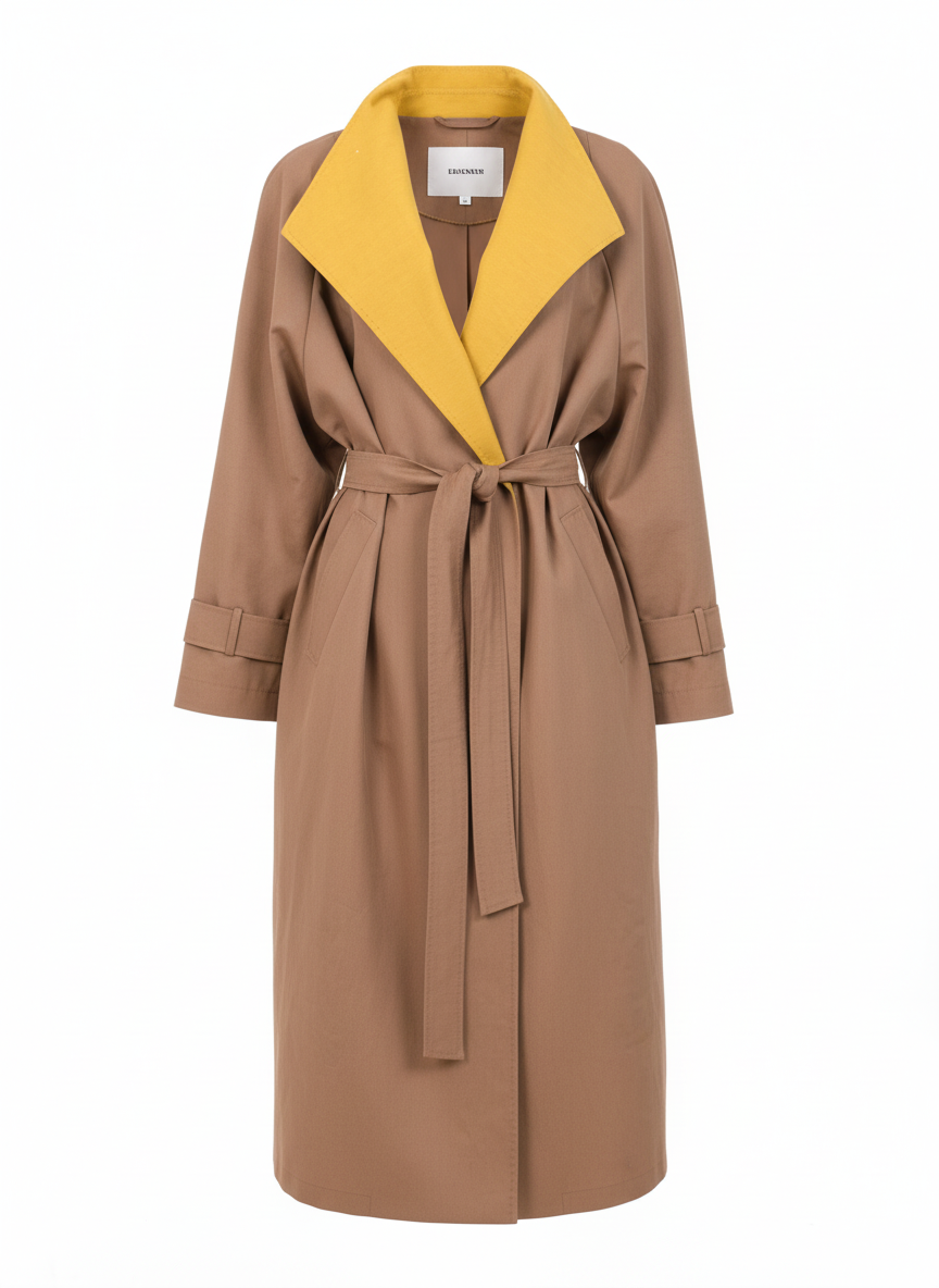 Marina Rinaldi modern belted trench coat in beige with statement lapel — designer resale Mezzanotte Madrid