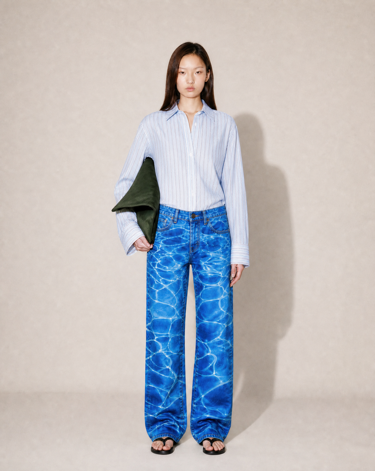 Collector Piece SS 2001 Roberto Cavalli Blue Ocean Wave Print Denim Jeans.