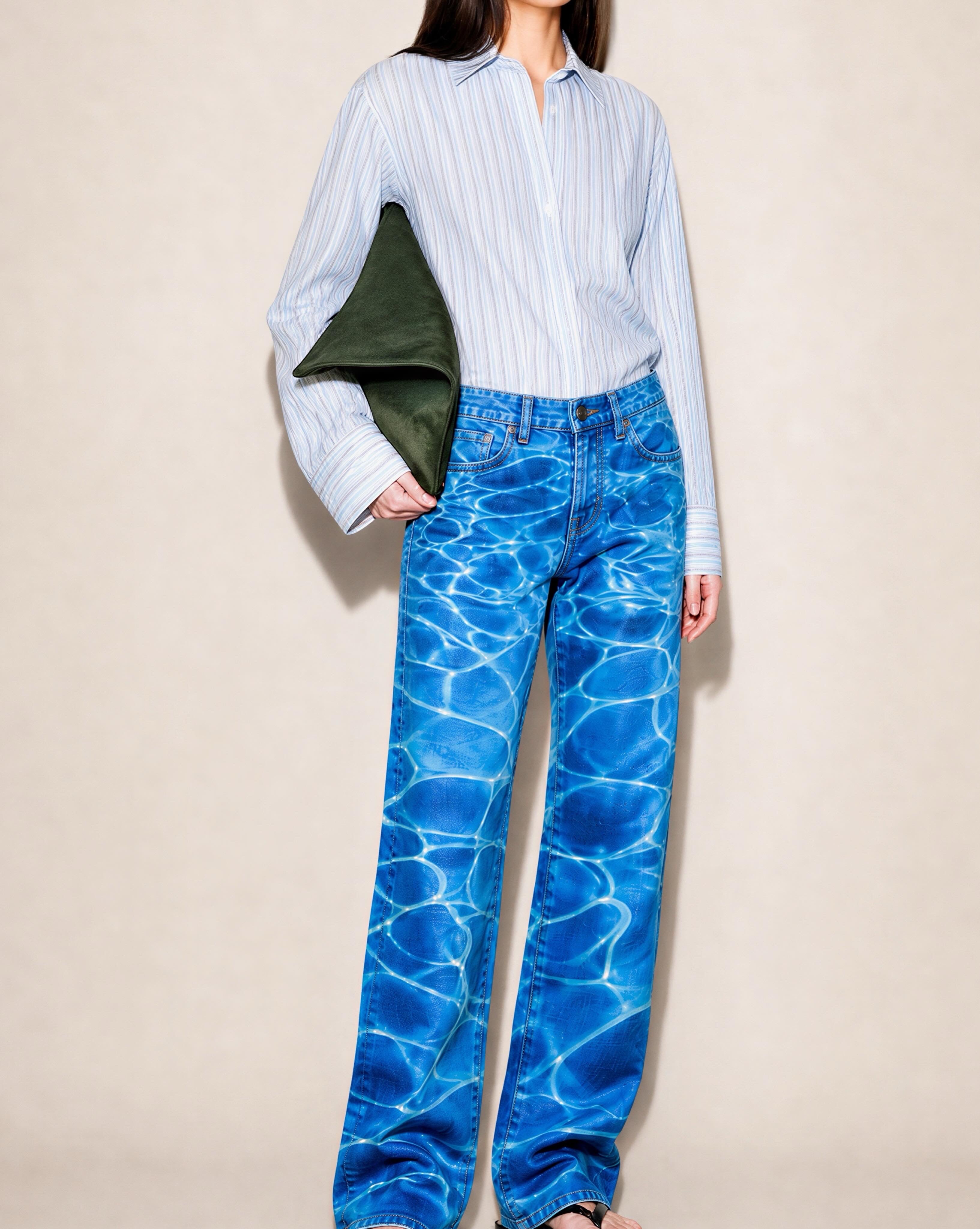 Collector Piece SS 2001 Roberto Cavalli Blue Ocean Wave Print Denim Jeans