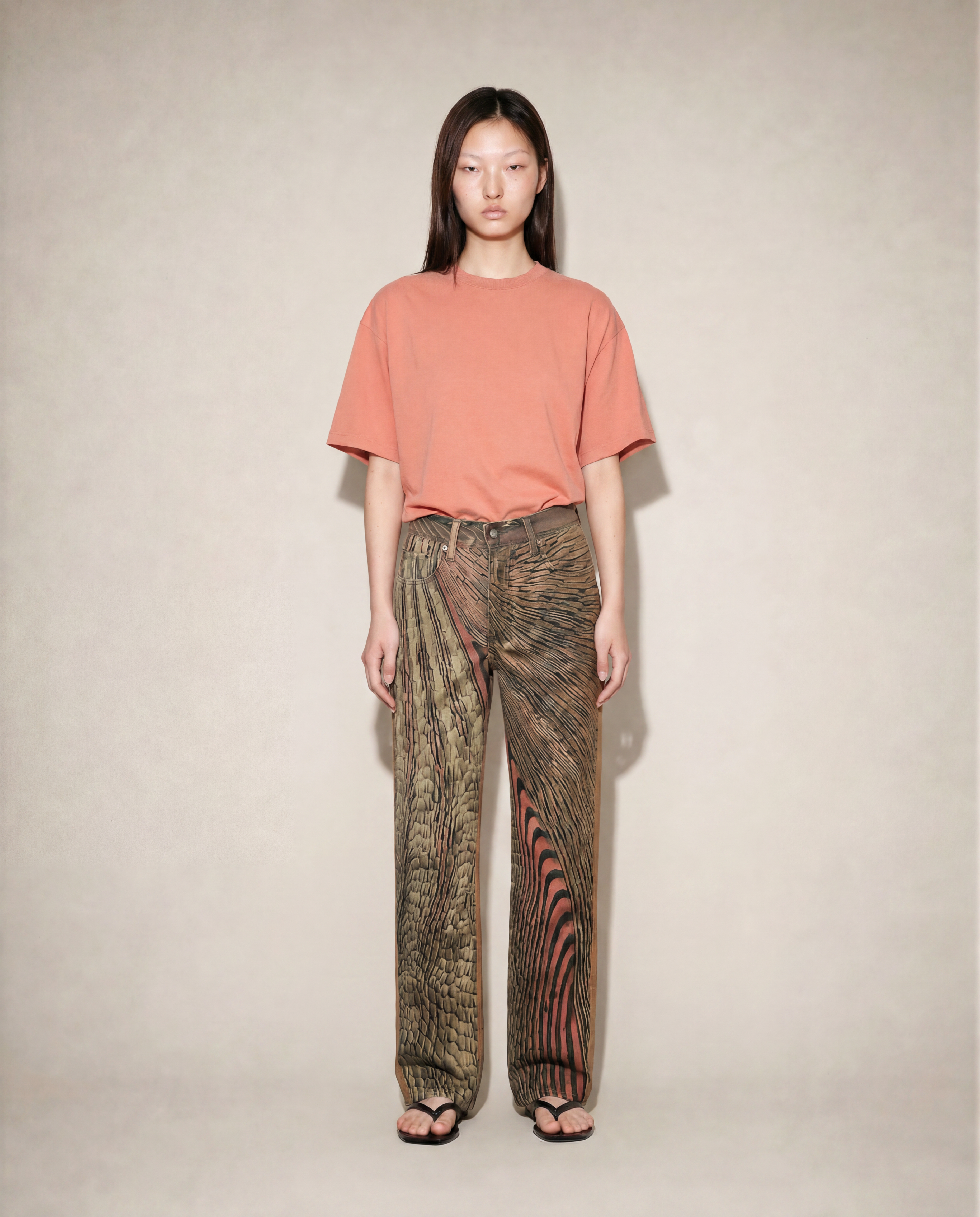 Archival Cavalli jeans with terracotta and brown patchwork print