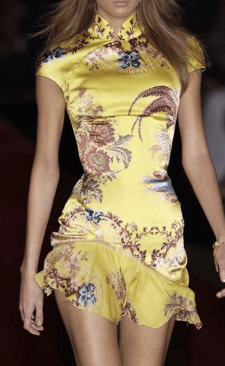 Rare archival Roberto Cavalli S/S 2003 Chinoiserie skirt featuring signature patterns, exclusively at Mezzanotte.