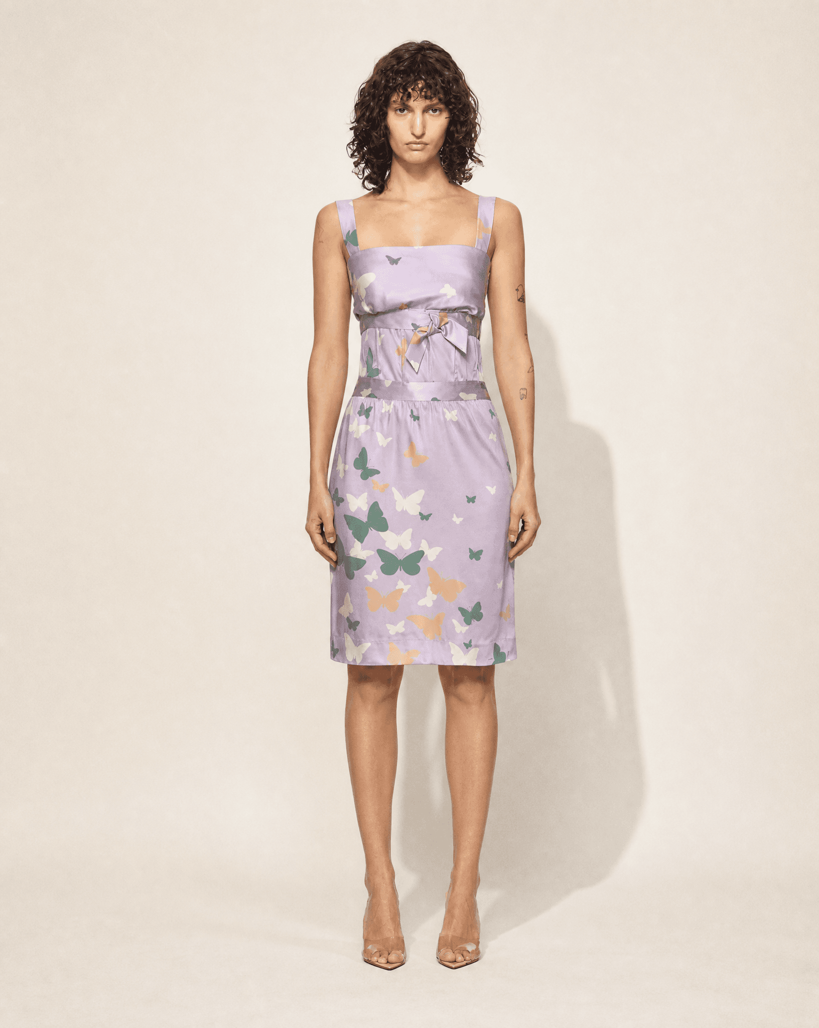 Runway Valentino Spring Summer 2004 butterfly print silk dress in lilac by Maria Grazia Chiuri and Pierpaolo Piccioli, available at Mezzanotte Madrid.