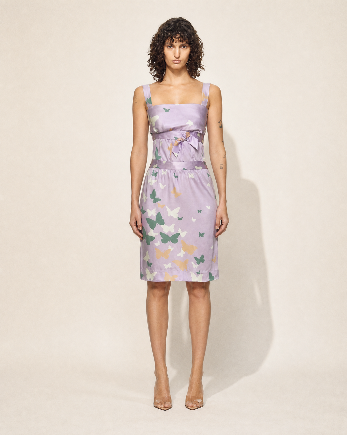Runway Valentino Spring Summer 2004 butterfly print silk dress in lilac by Maria Grazia Chiuri and Pierpaolo Piccioli, available at Mezzanotte Madrid.