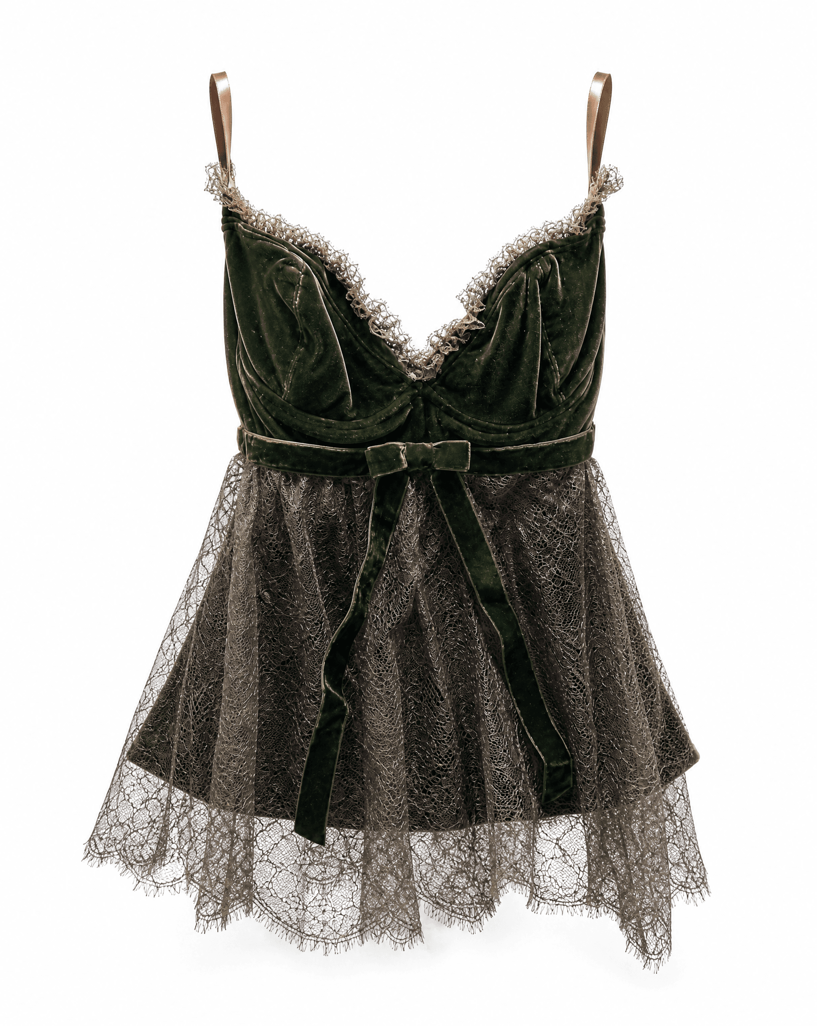 Valentino dark green velvet lace peplum top with ribbon tie,
Piccioli era — one-of-one at Mezzanotte Madrid