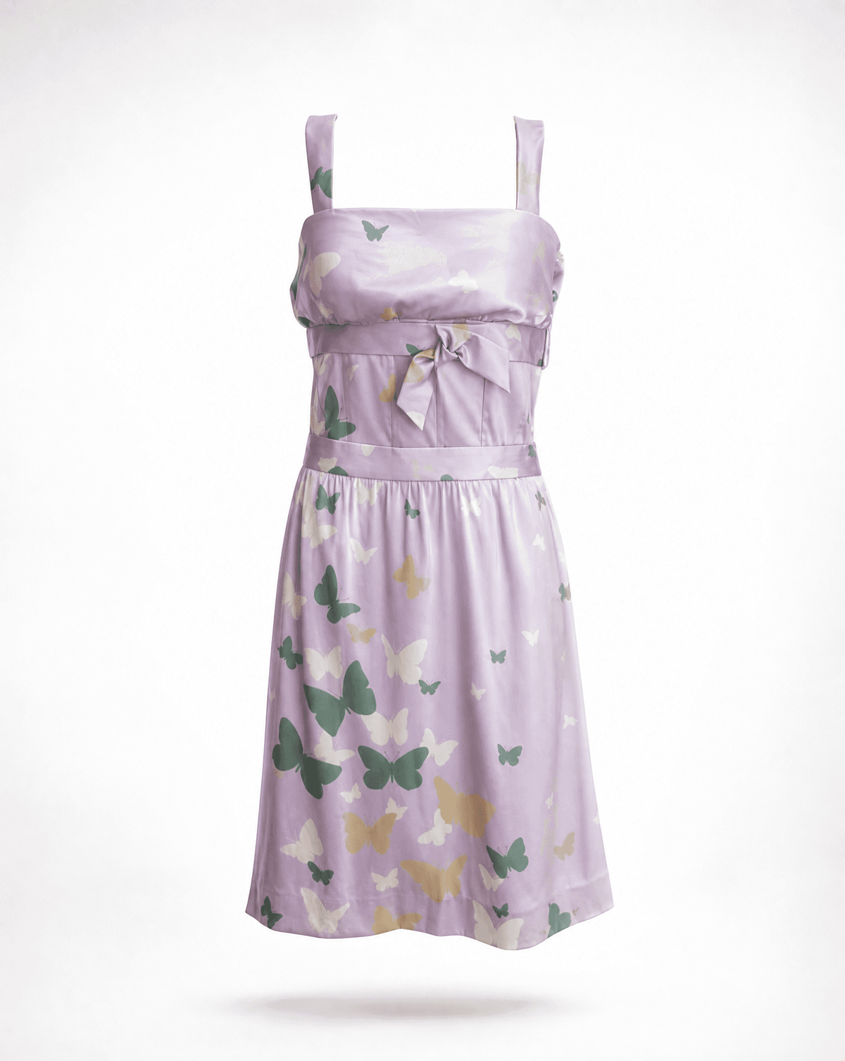 Close-up of the butterfly print and bow waist detail on the Runway Valentino S/S 2004 silk dress.