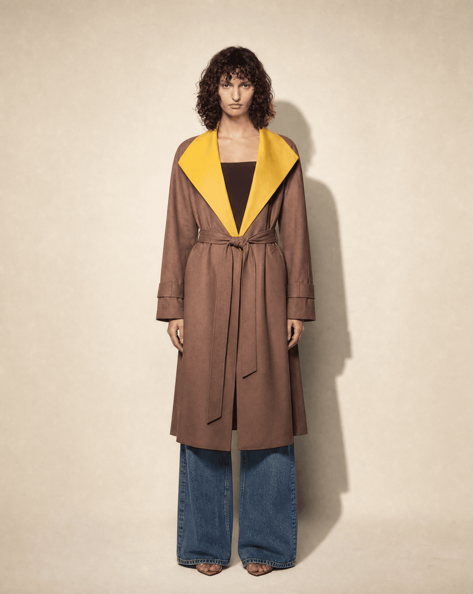 Vintage Marina Rinaldi chocolate brown belted wool coat with mustard contrast shawl collar, available for purchase and luxury rental across Europe from Mezzanotte.