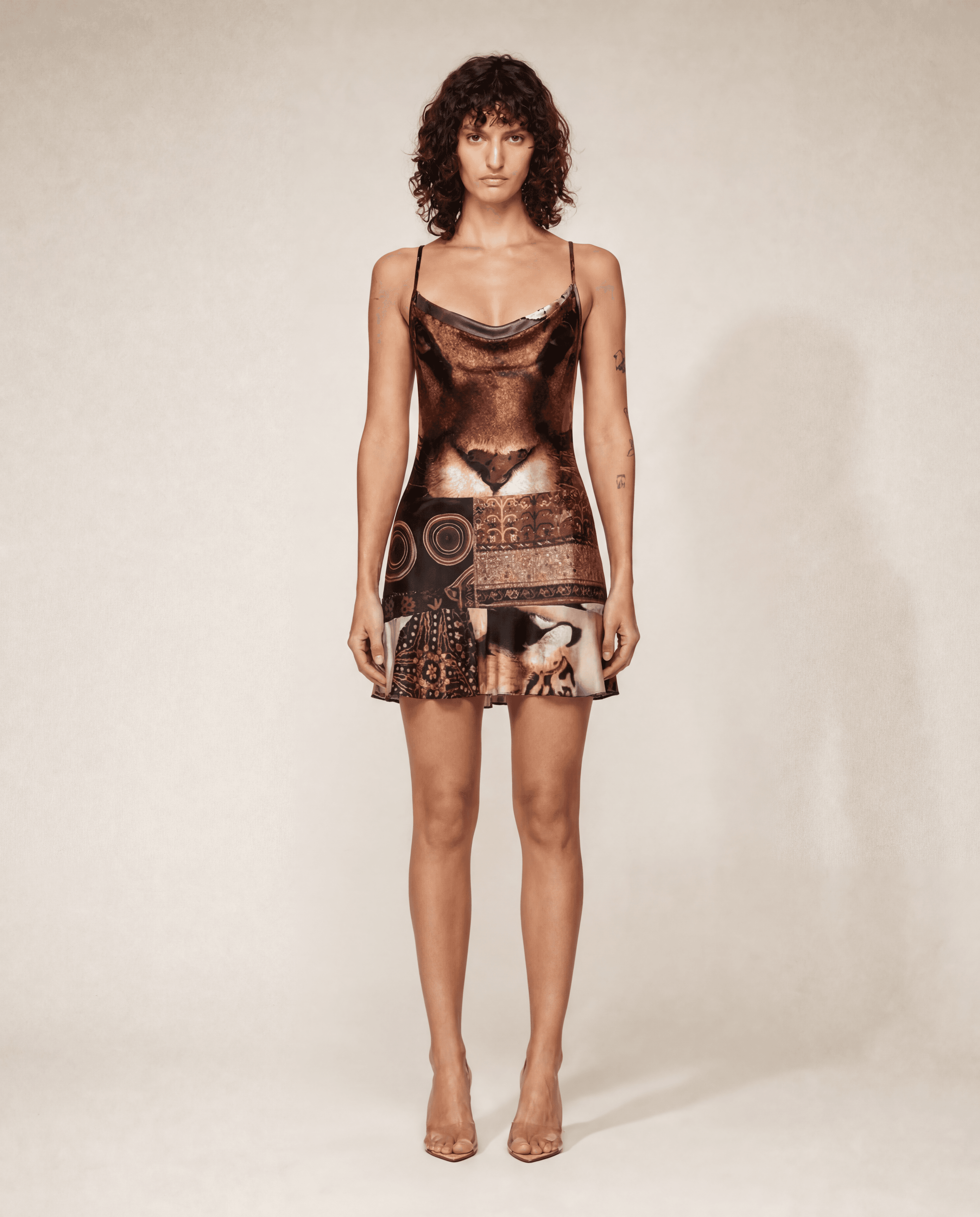 Vintage Roberto Cavalli patchwork animal print slip dress with cowl neckline