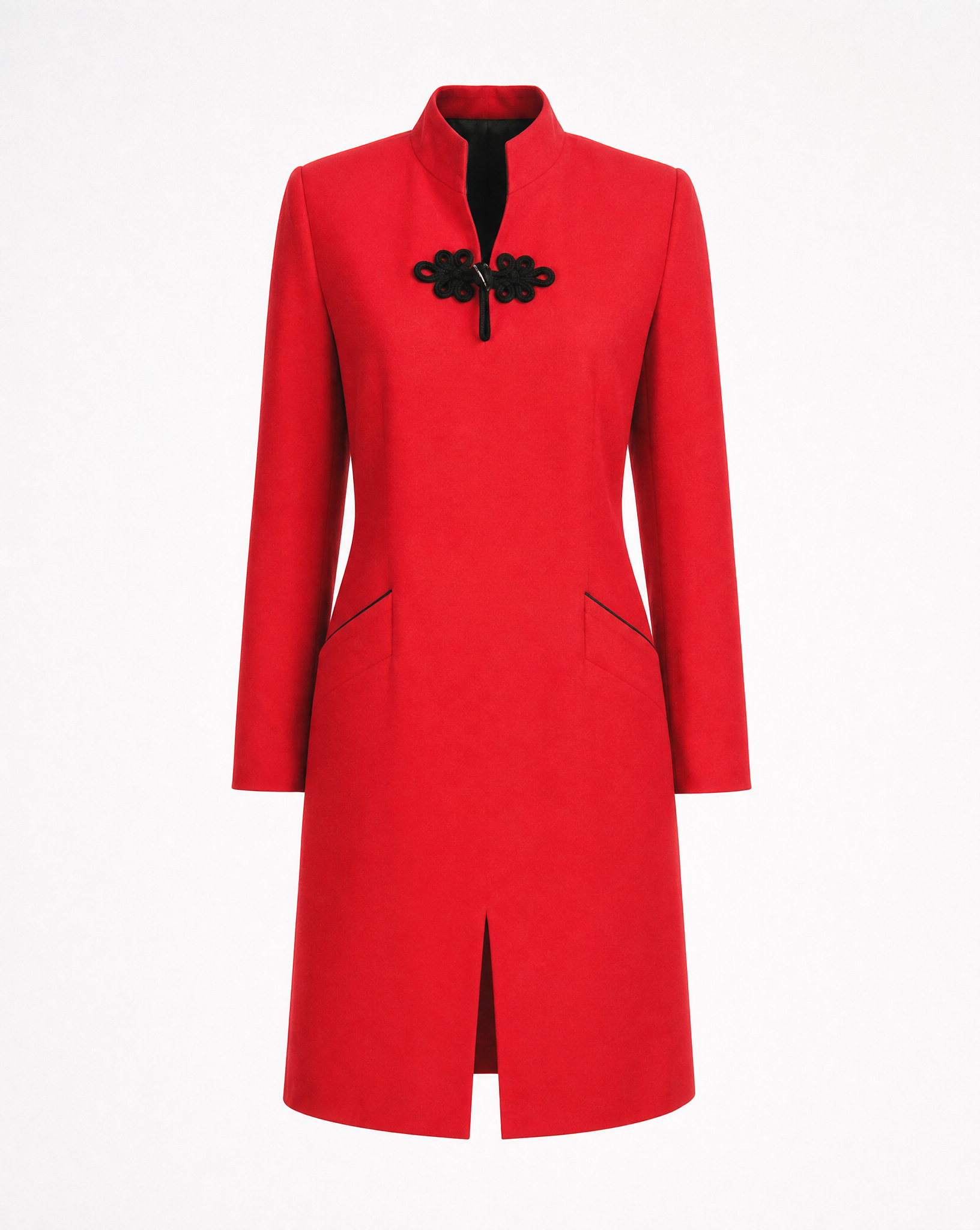 Close-up of the Mandarin collar and traditional black frog fastening on a vintage Yves Saint Laurent Rive Gauche dress.