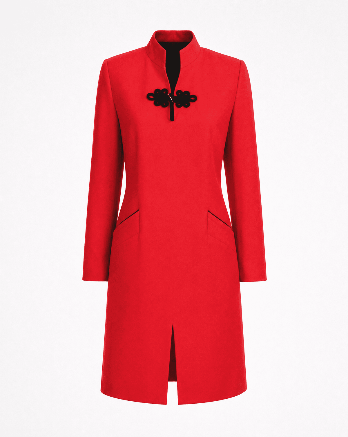 Close-up of the Mandarin collar and traditional black frog fastening on a vintage Yves Saint Laurent Rive Gauche dress.