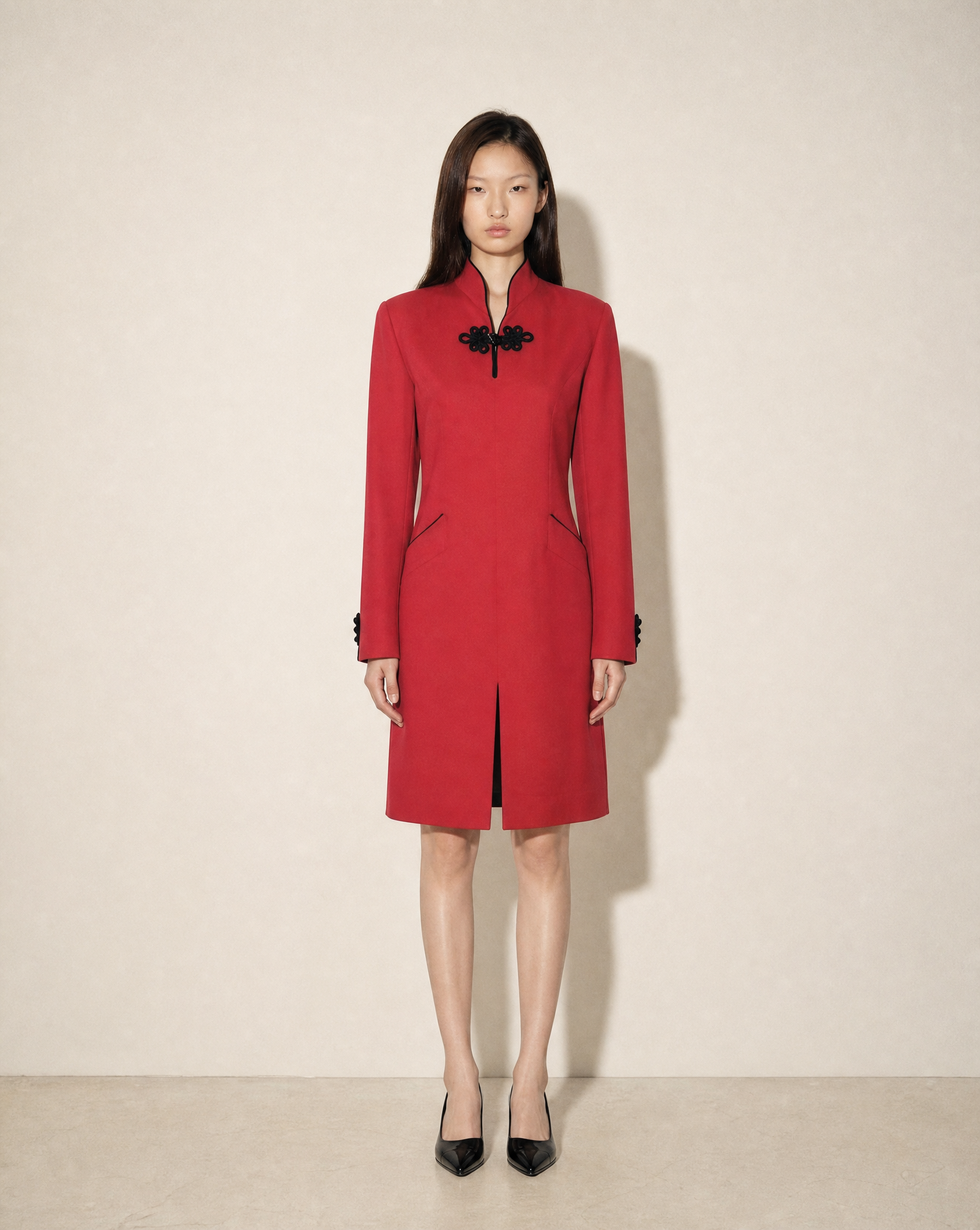 Vintage Yves Saint Laurent Rive Gauche red dress with Mandarin collar and black frog closure detailing, available at Mezzanotte Madrid.