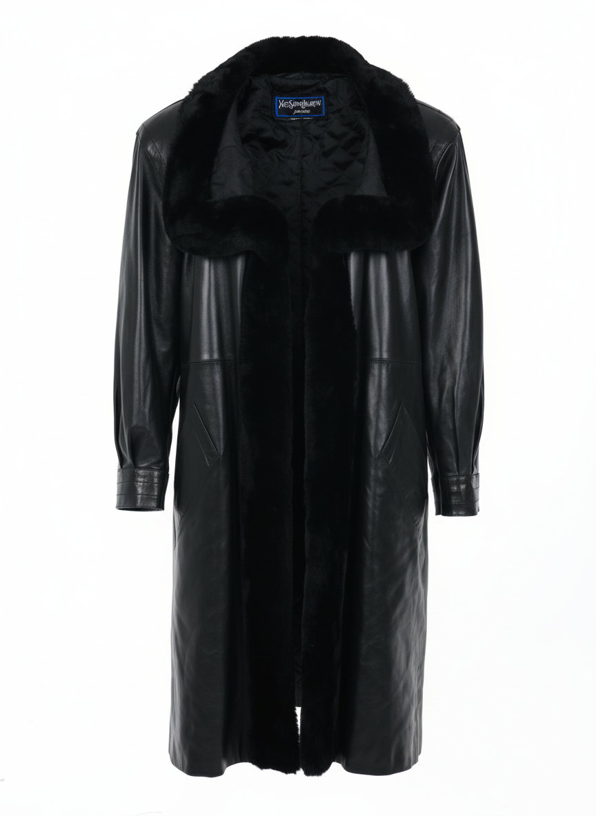 YSL black leather coat with plush fur collar and long silhouette | archival 1980s designer outerwear