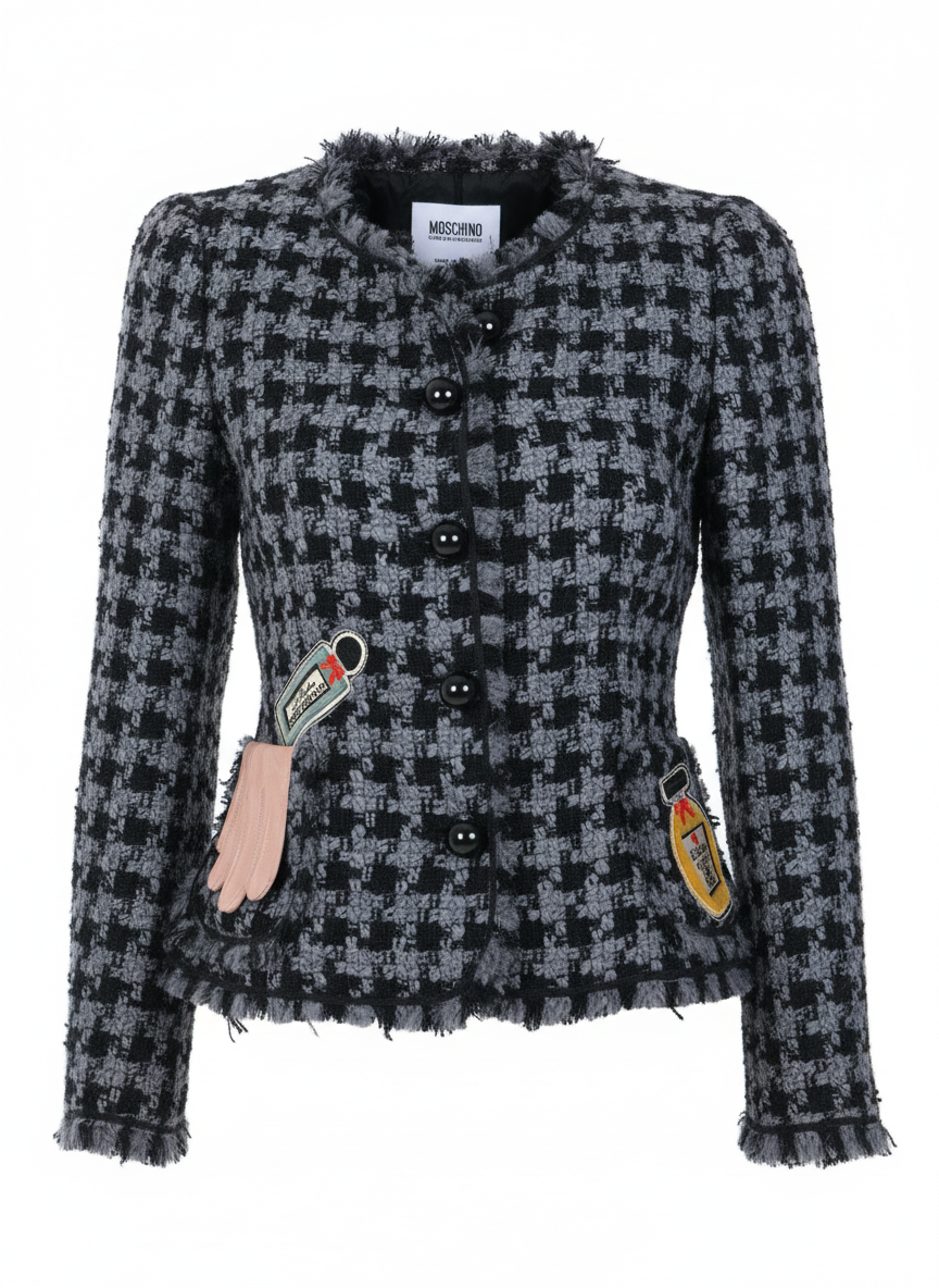 Moschino 1990 black and grey tweed blazer with whimsical pocket details — designer resale Mezzanotte Madrid