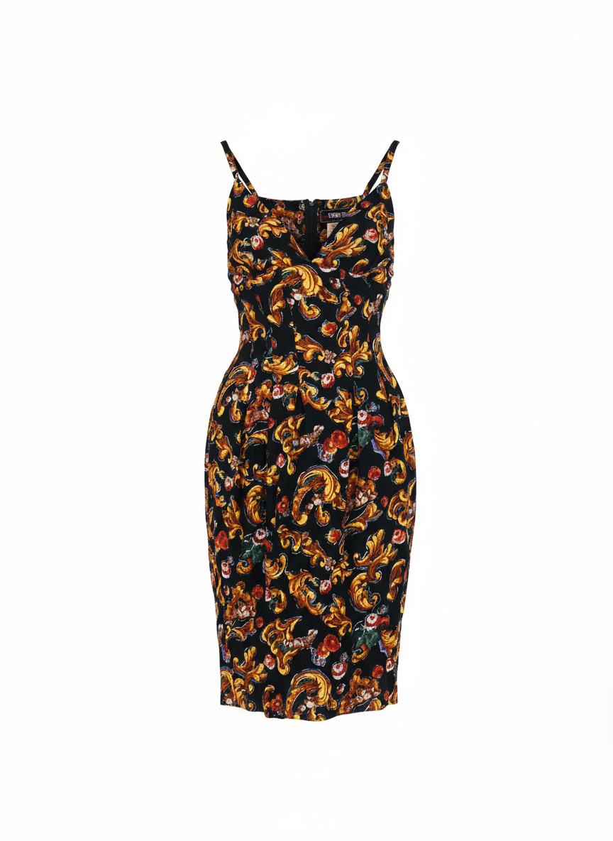 Vintage Fendi paisley dress in black and gold with V-neckline