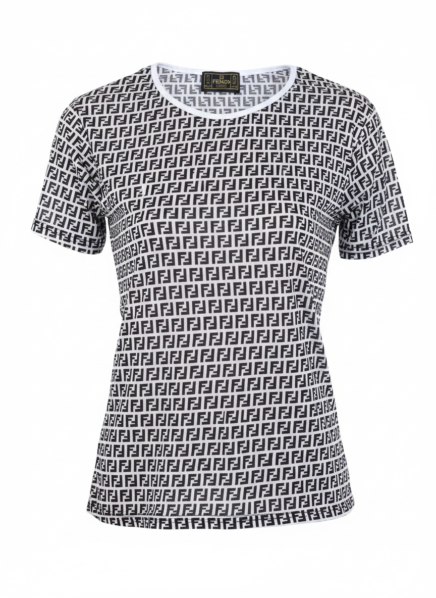 Black and white Fendi logo top with all-over Zucca print and crew neckline