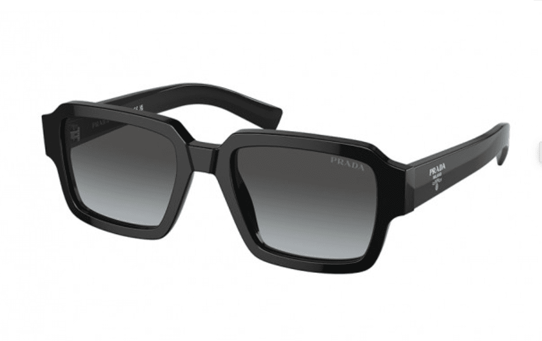 Black Prada rectangular frame sunglasses with gradient lenses and signature Prada Milano branding on the temple, available at Mezzanotte Madrid.