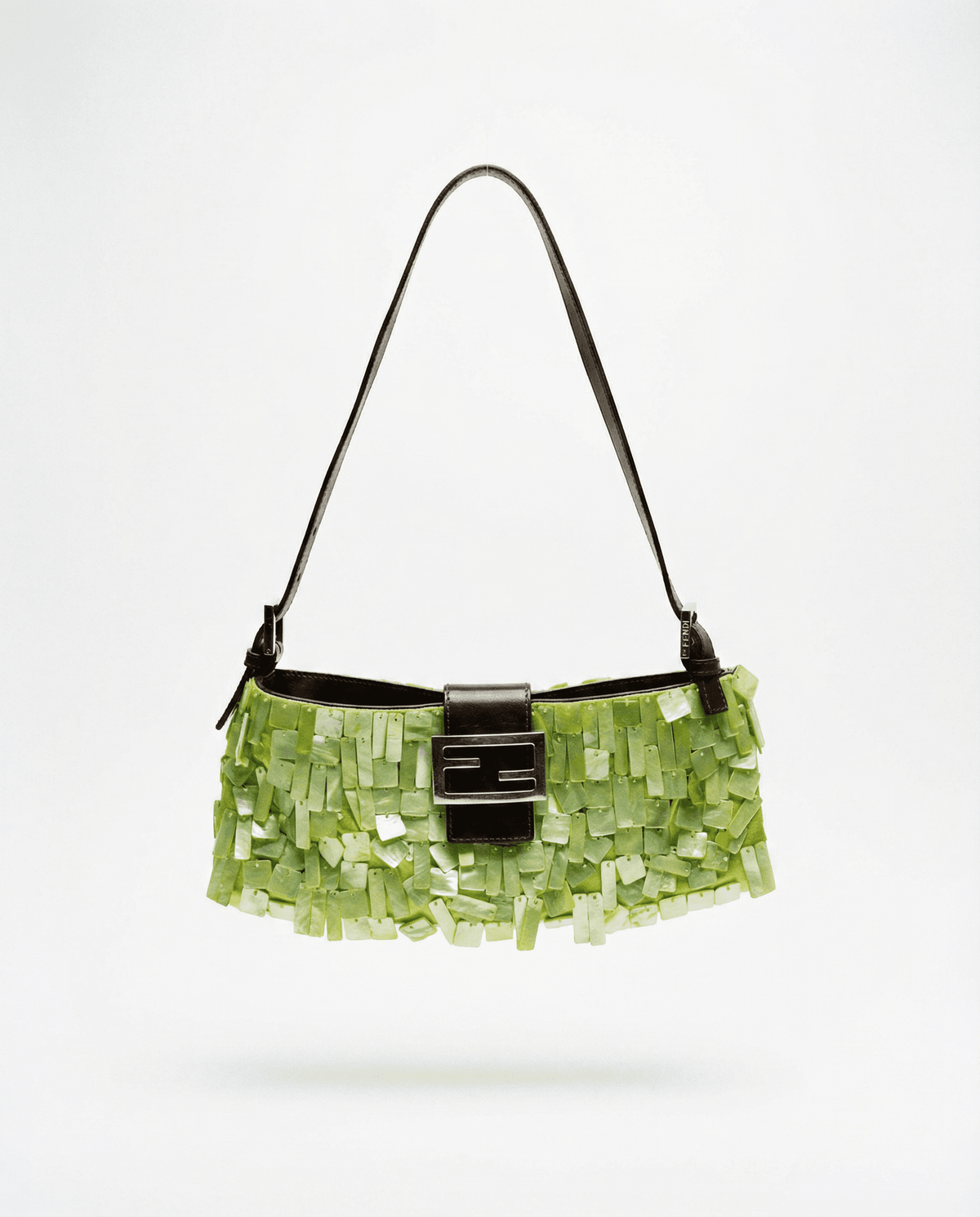 Archival Fendi Baguette bag from the early 2000s featuring iridescent green shell tile embellishment and signature silver FF buckle