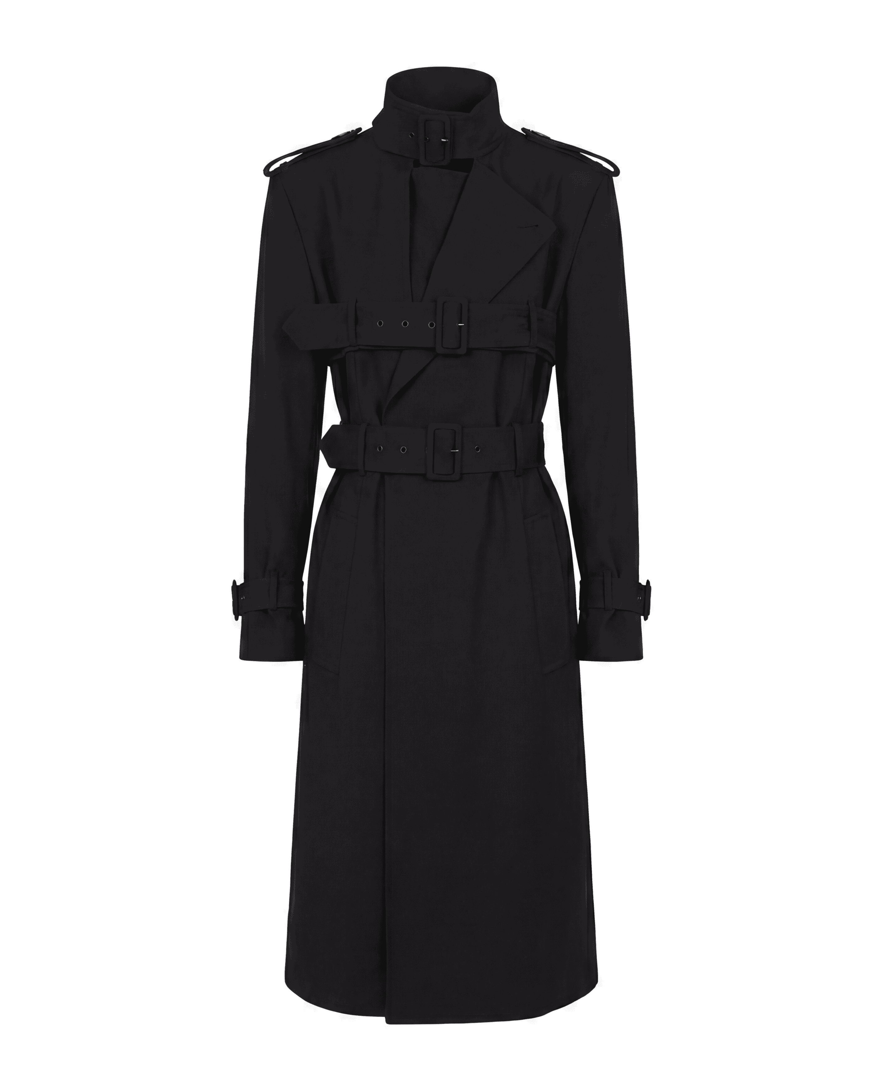 Archival JPG coat with harness belt construction and high collar