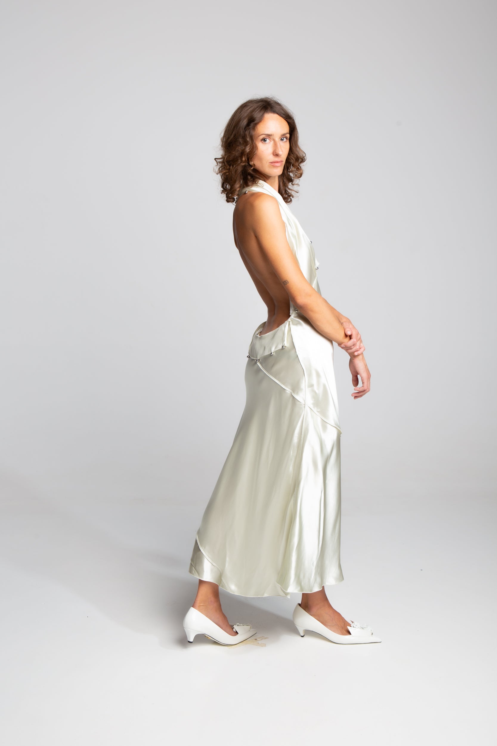 Bead-Embellished Ruffle Satin Halter Dress