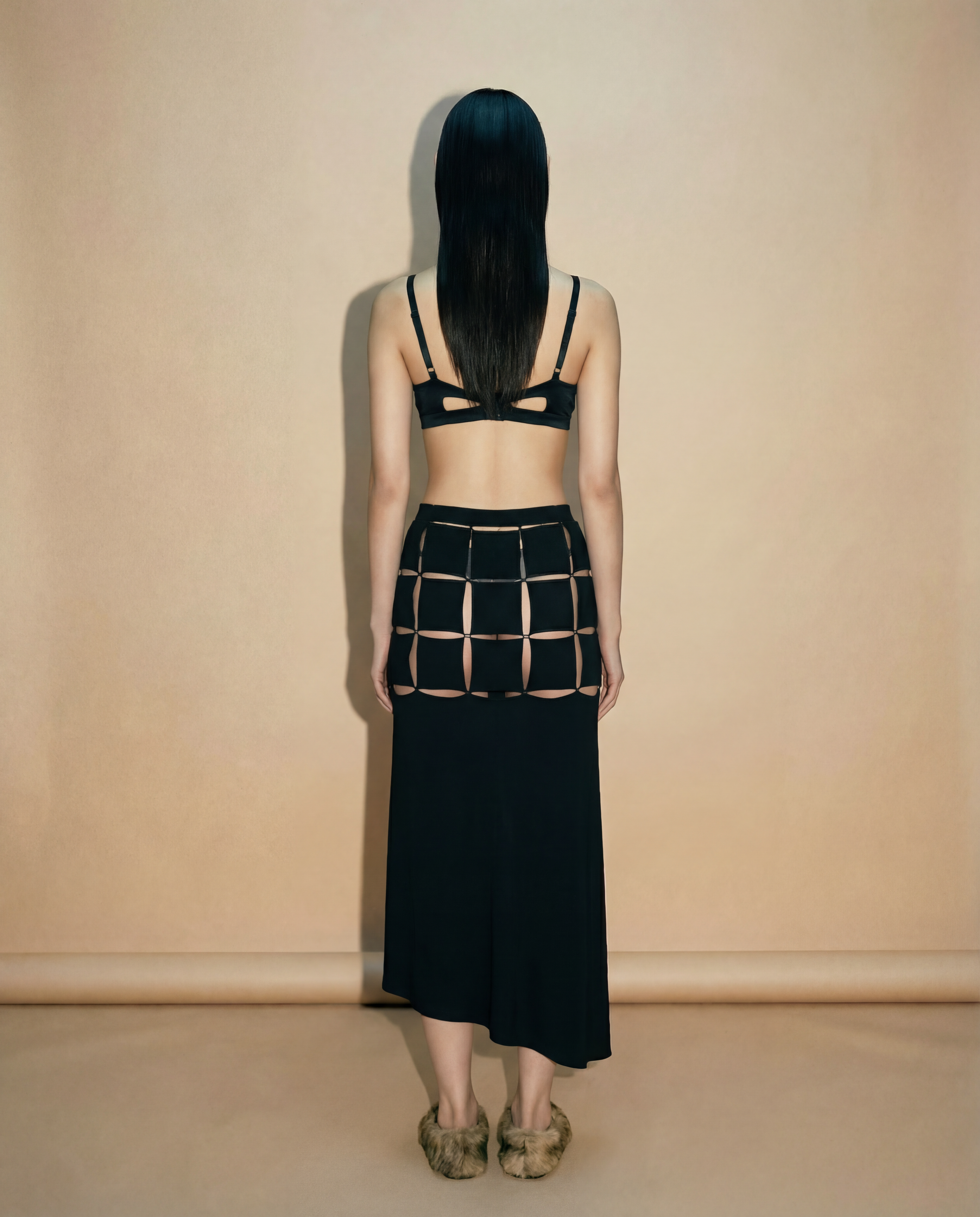 Deconstructed cotton wrap skirt with grid panel construction